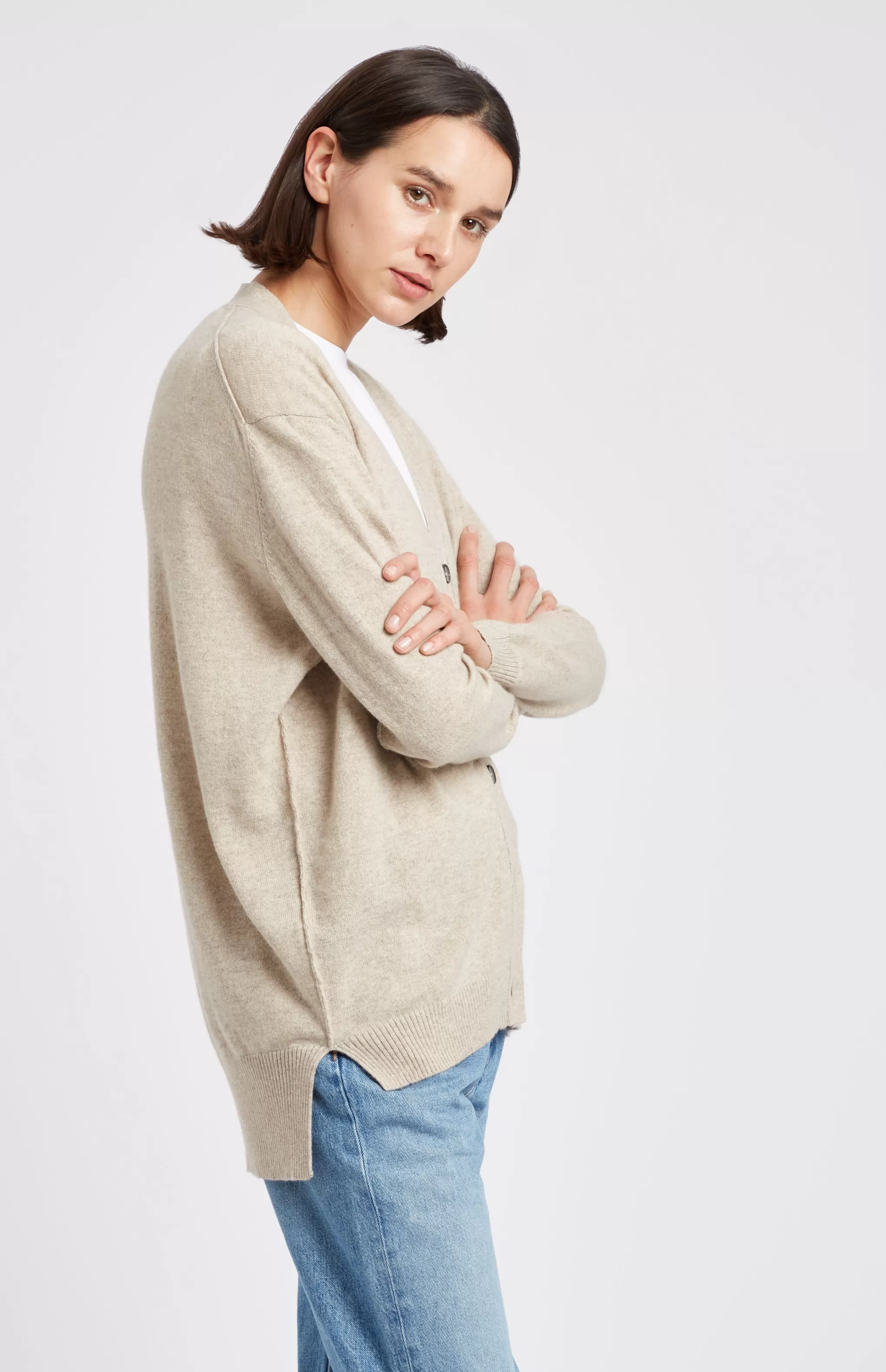 Best V Neck Cashmere Cardigan  In Light Beige Melange Men/Women Classic Cashmere