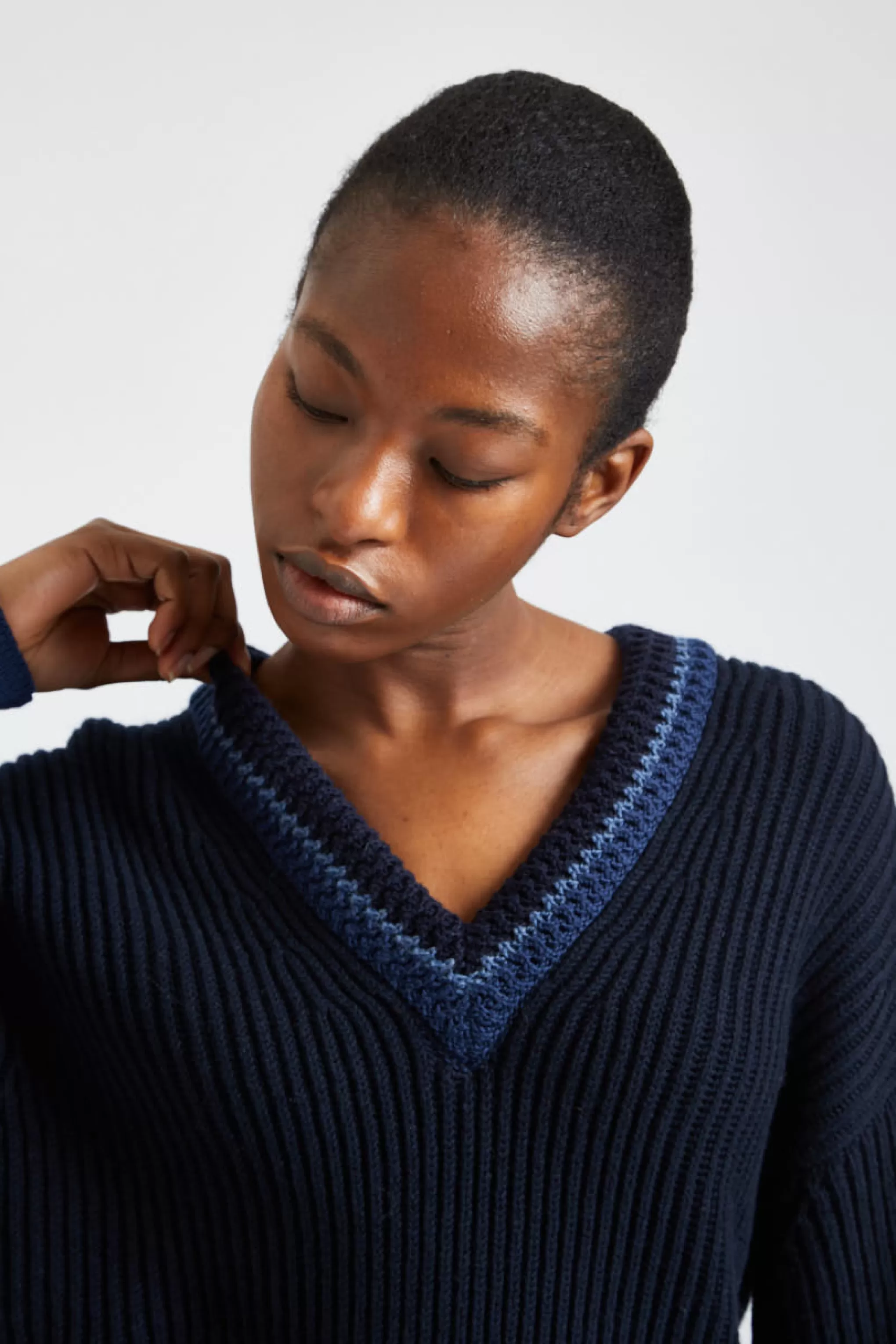 Store V Neck Chunky Rib Jumper In Indigo Men/Women Heavy Weight Knits