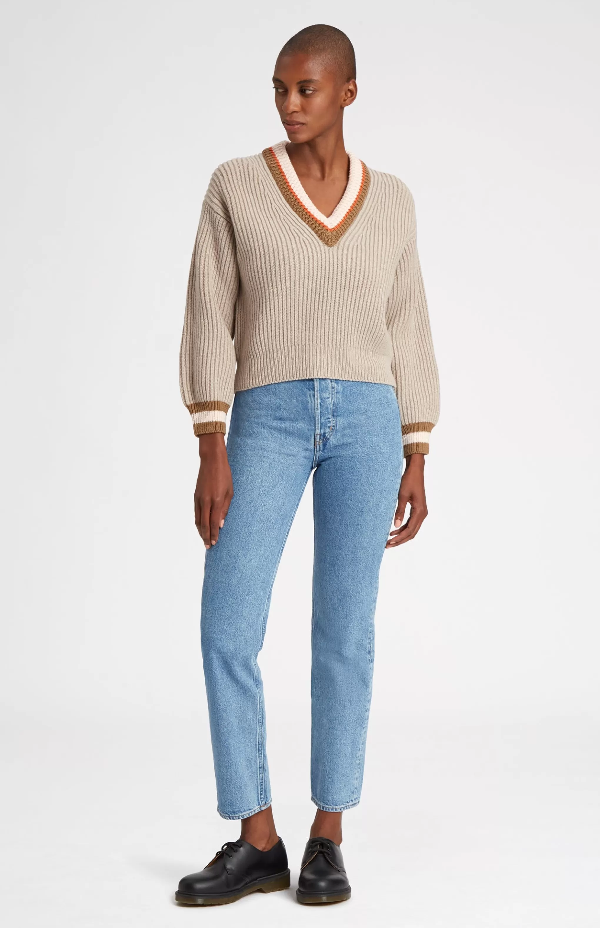 Outlet V Neck Chunky Rib Jumper In Stone Melange Men/Women V Neck Knits