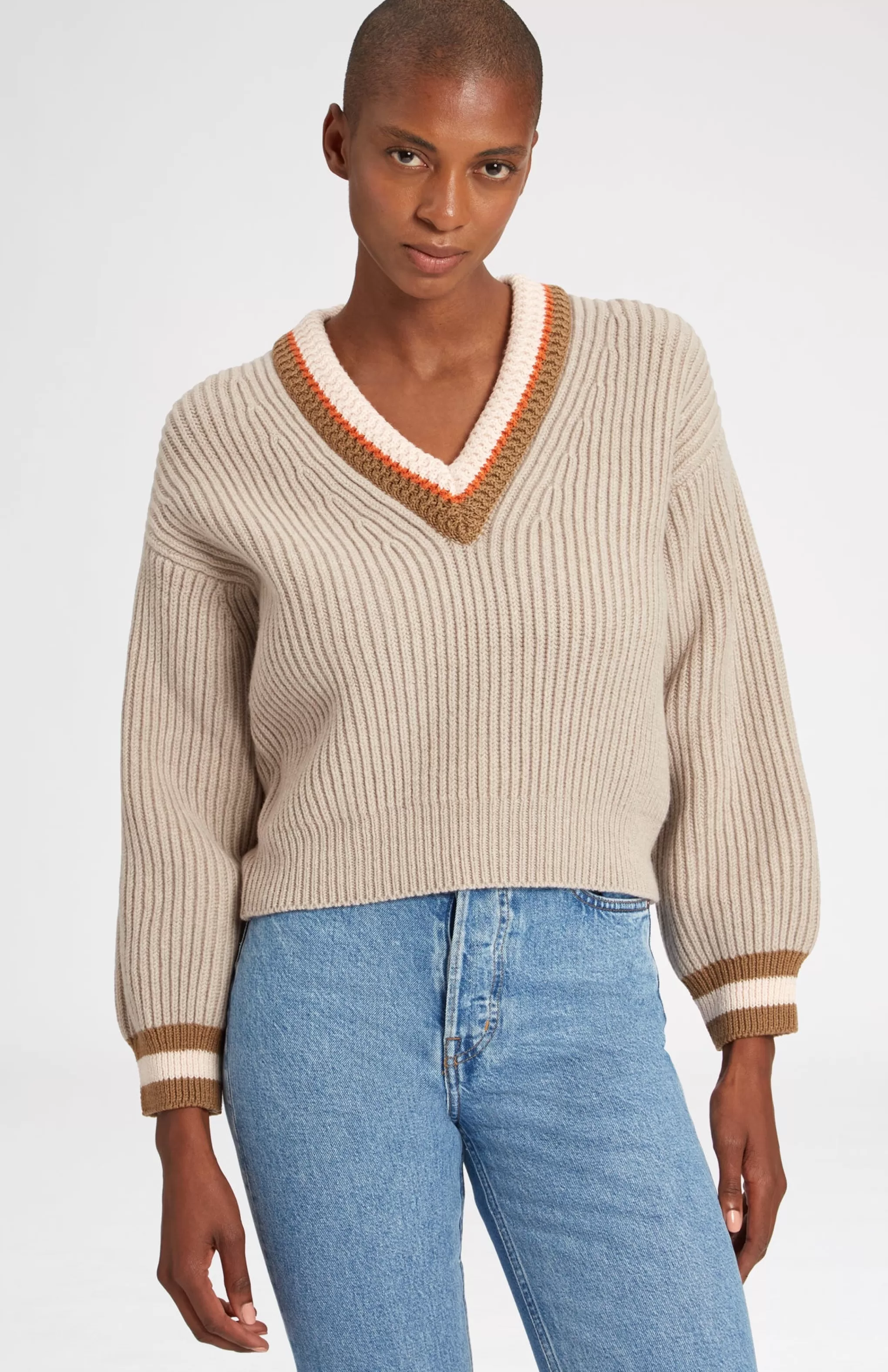 Outlet V Neck Chunky Rib Jumper In Stone Melange Men/Women V Neck Knits