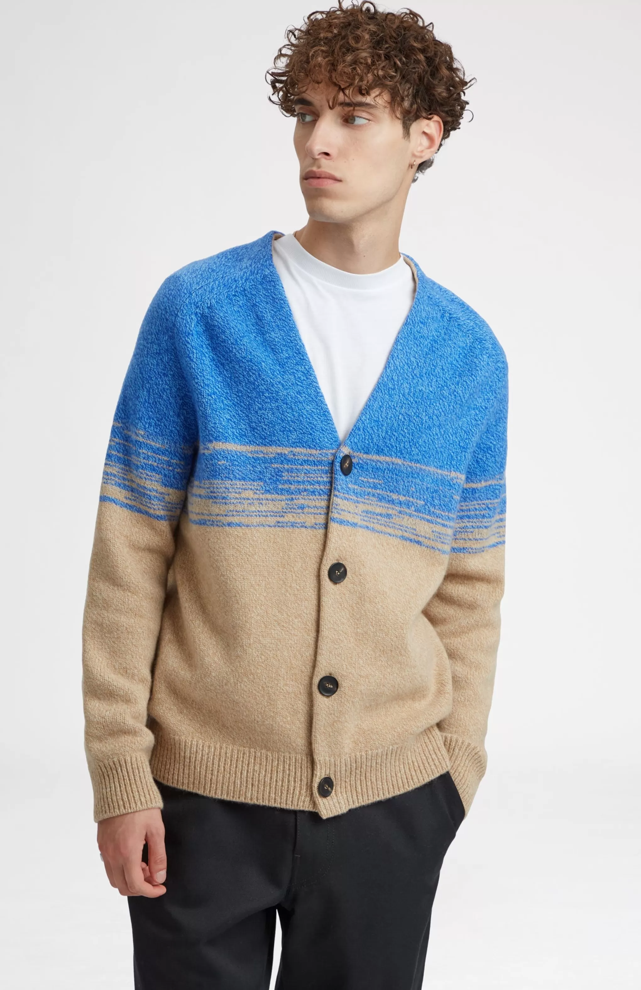 Discount V Neck Lambswool Cardigan With Degrade Effect In Cobalt And Camel Men Loungewear