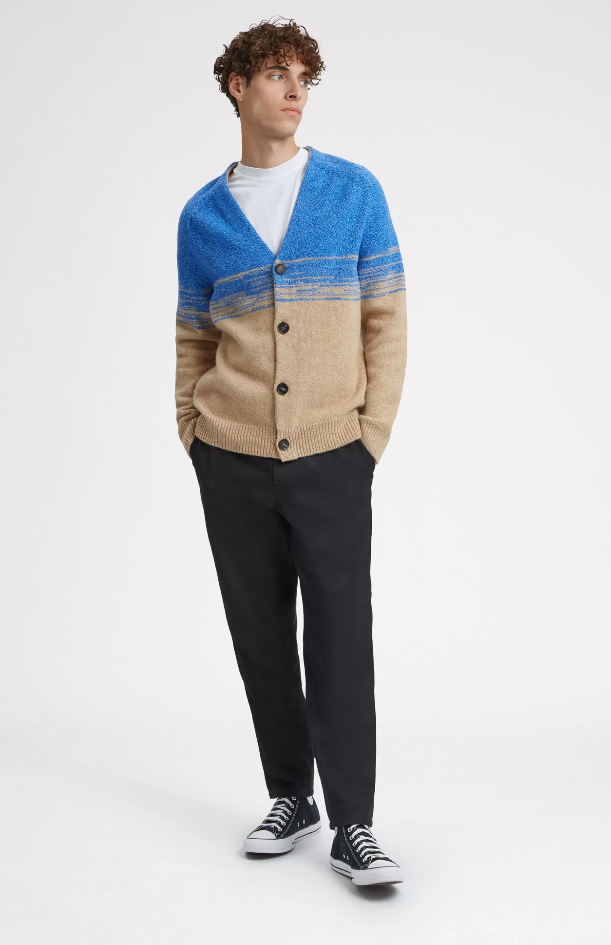 Sale V Neck Lambswool Cardigan With Degrade Effect In Cobalt And Camel Men Lambswool