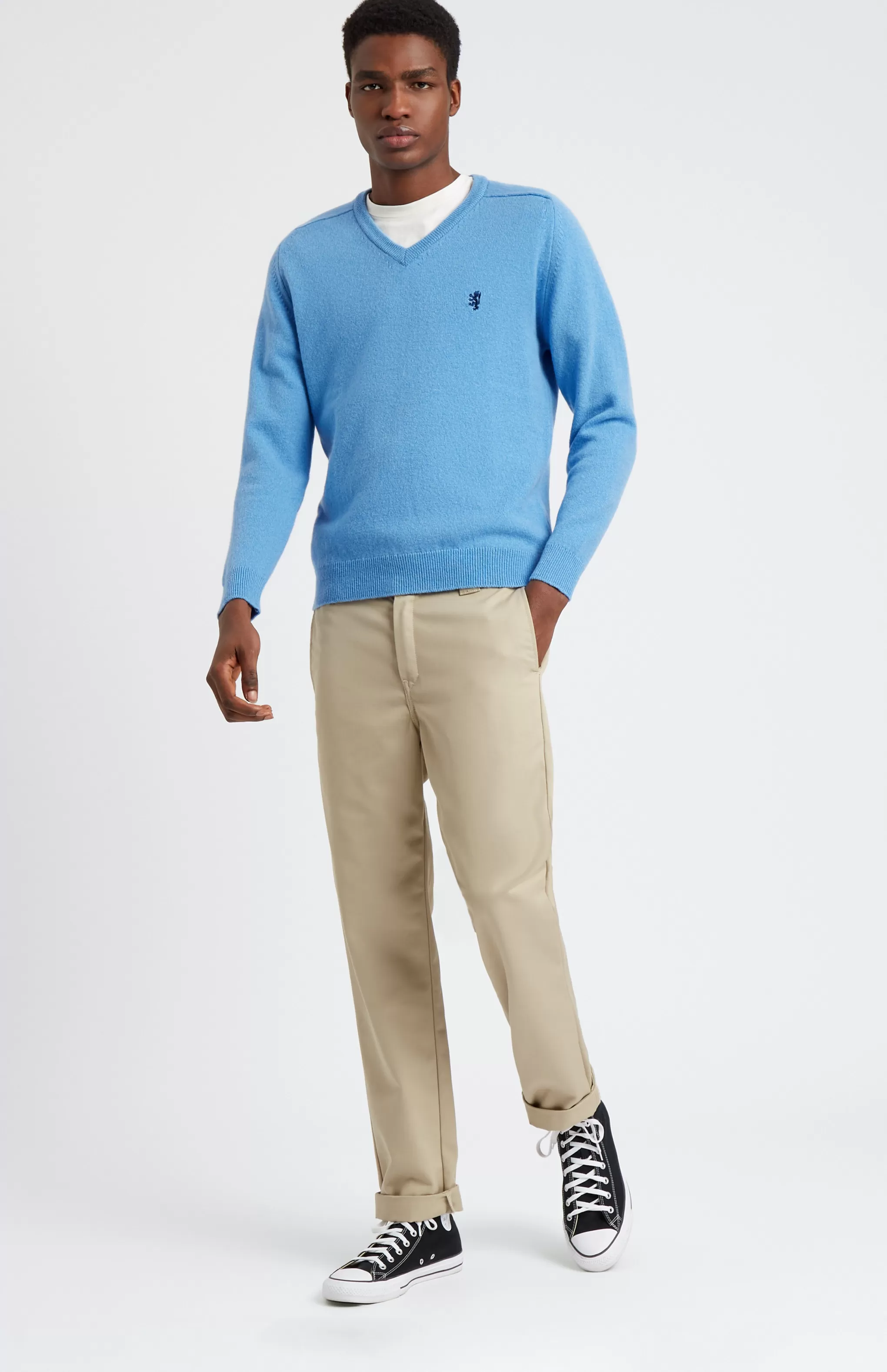 Online V Neck Lion Lambswool Jumper In Azure / Ink Men Lambswool