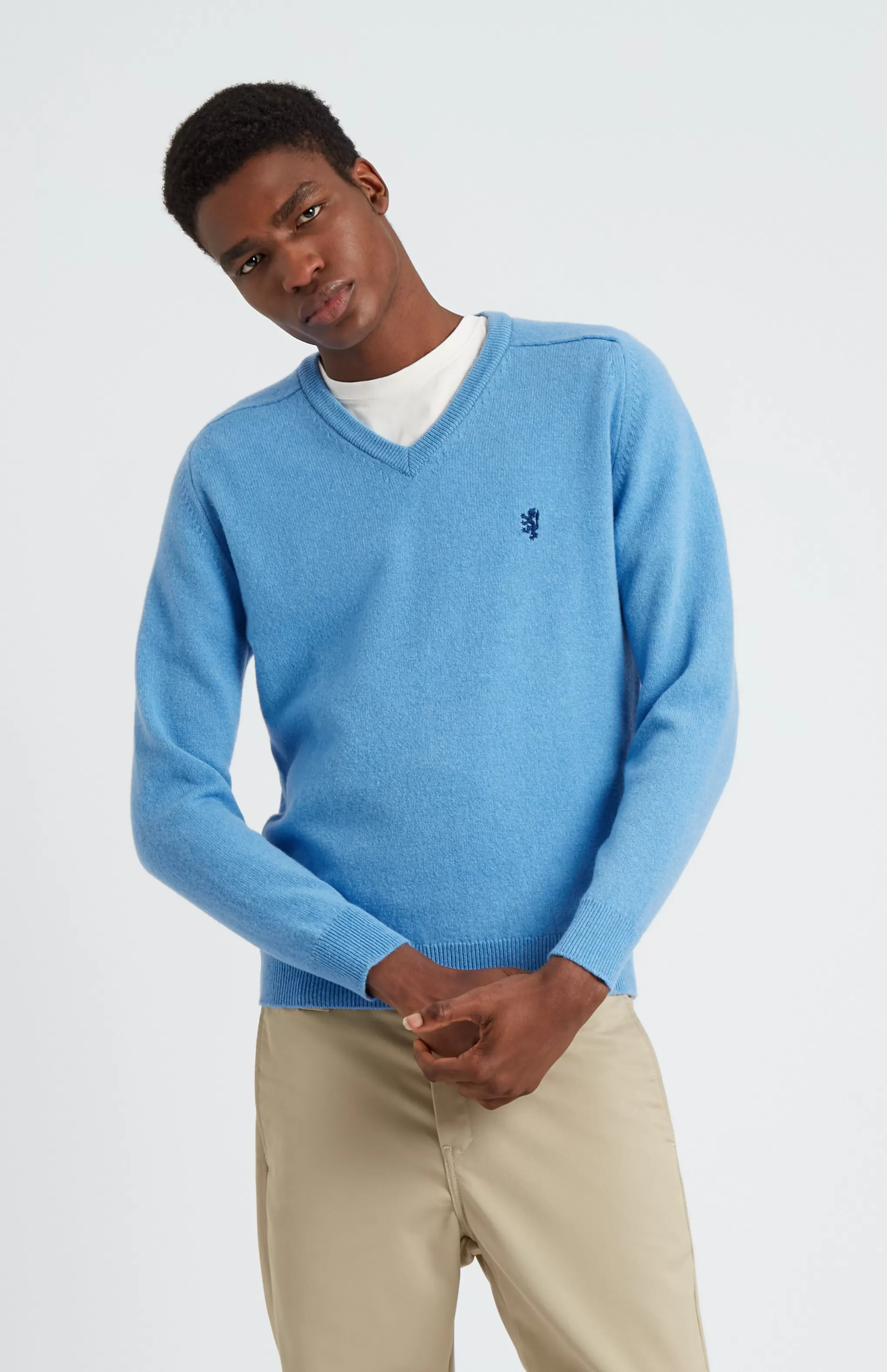 Online V Neck Lion Lambswool Jumper In Azure / Ink Men Lambswool