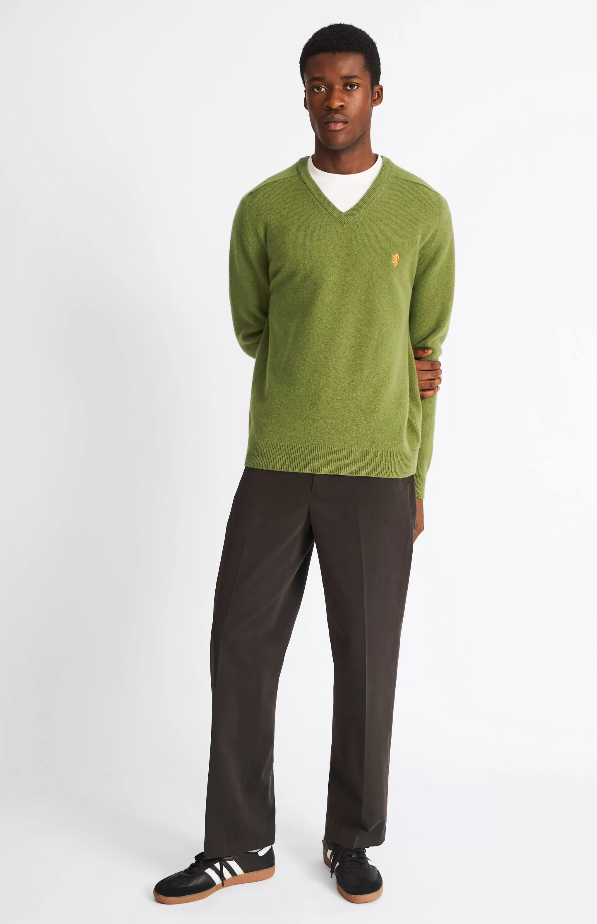 Store V Neck Lion Lambswool Jumper In Mineral Green / Mustard Sand Men Gifts for Men