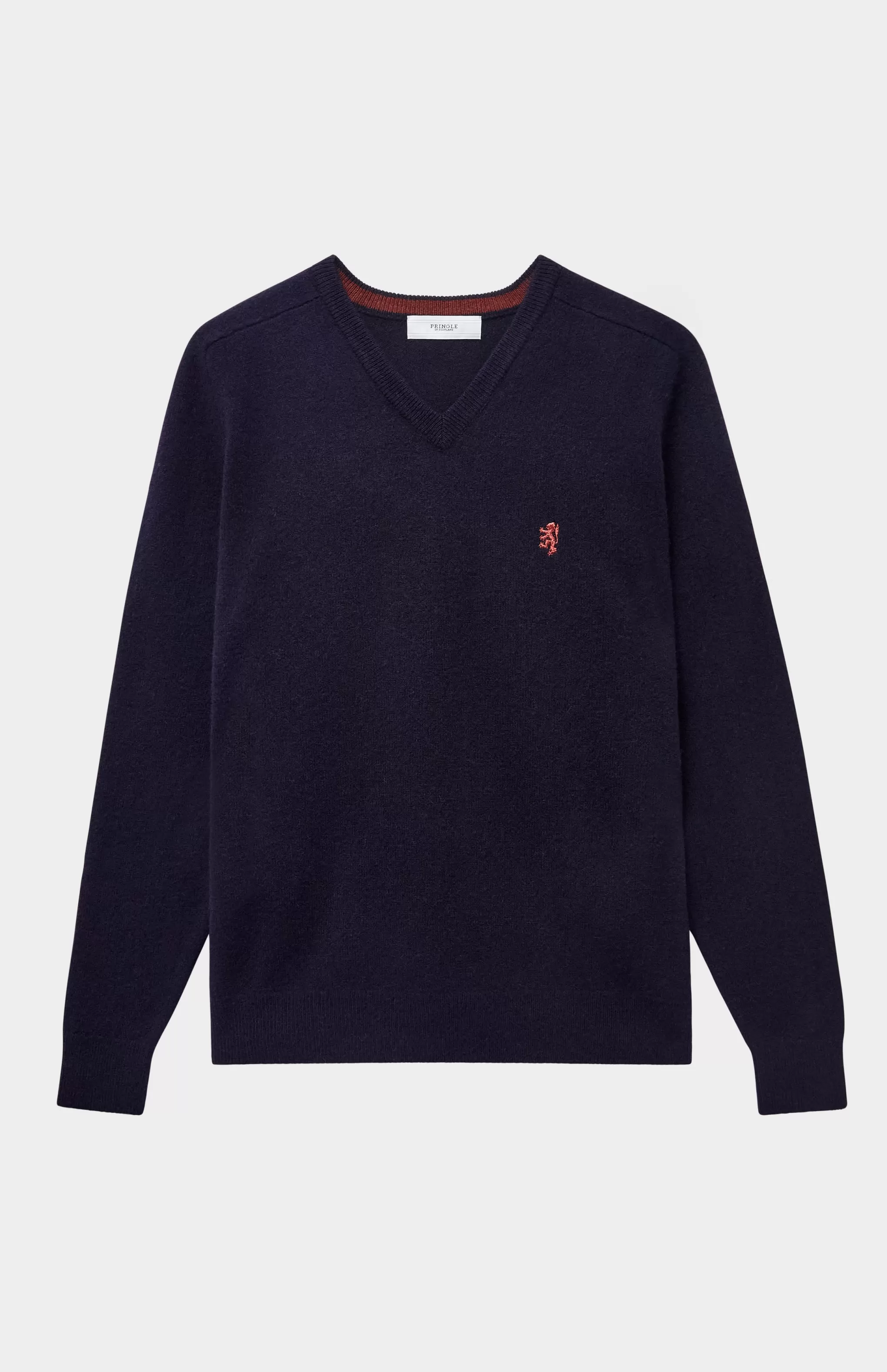 Clearance V Neck Lion Lambswool Jumper In Navy / Rust Red Men Lambswool