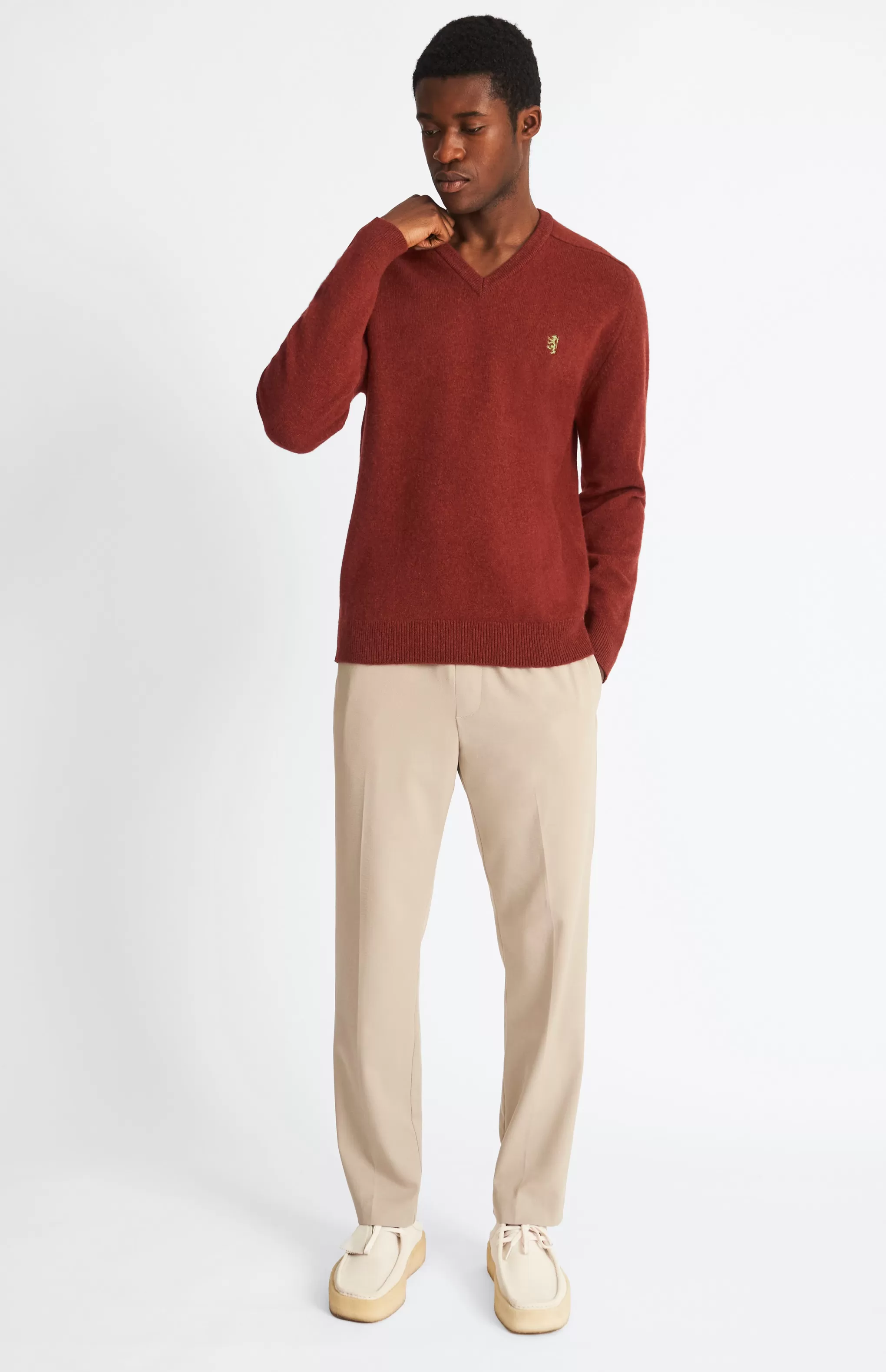 Cheap V Neck Lion Lambswool Jumper In Red Rust / Mineral Green Men Medium Weight Knits