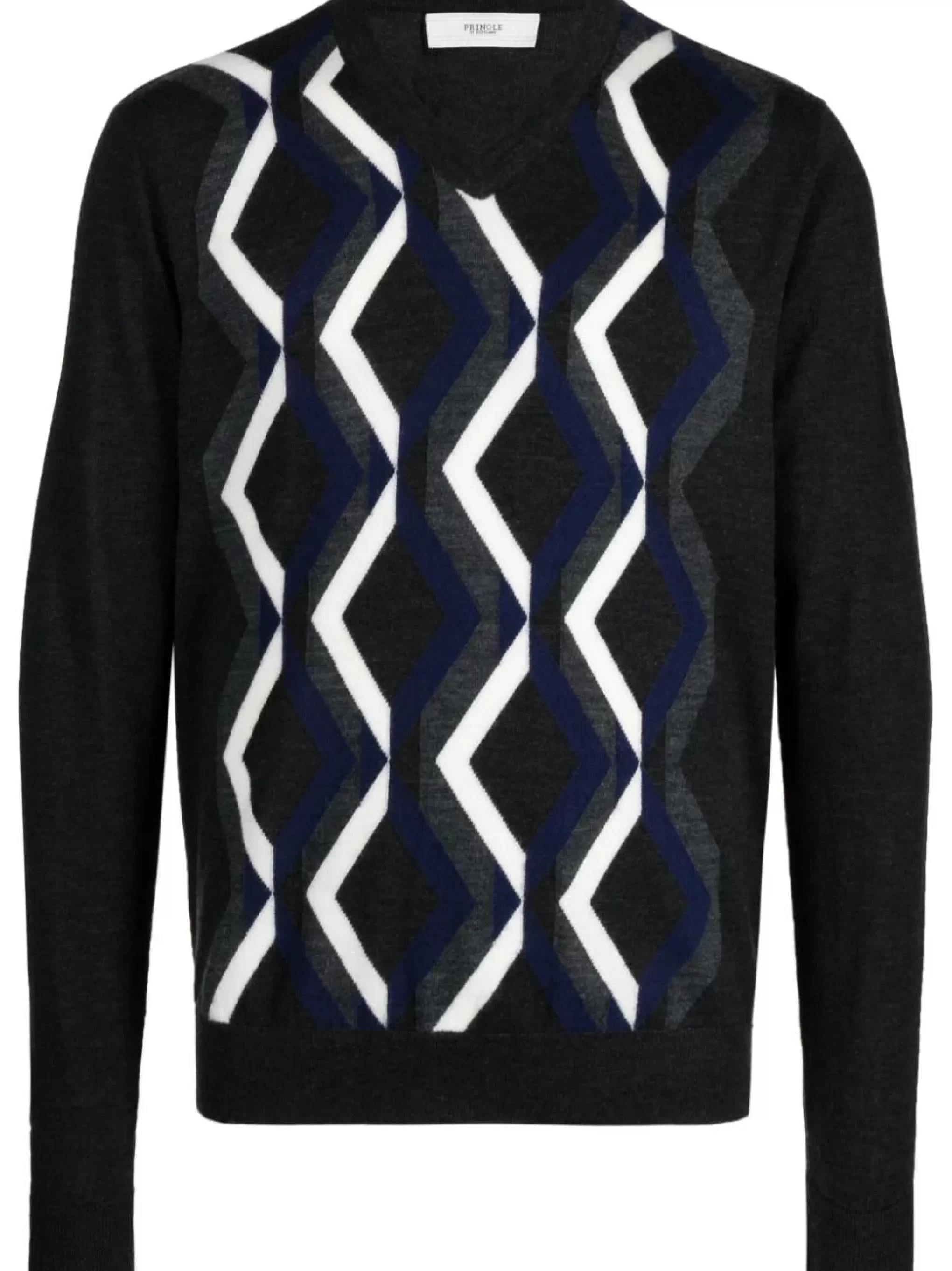 New V neck Merino Charcoal Jumper with Dark Grey / White Argyle Men Merino