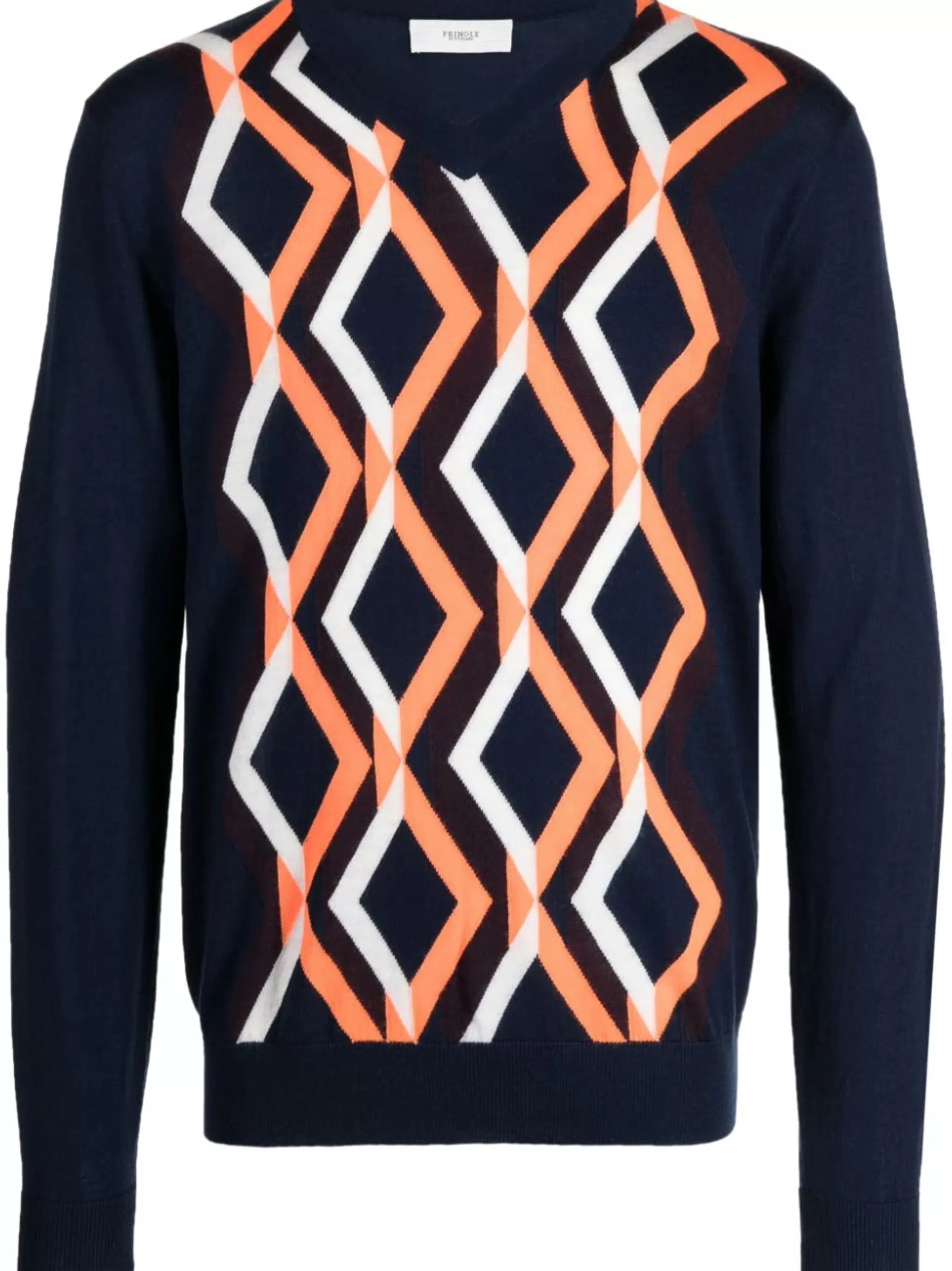 Online V neck Merino Navy Jumper with Orange / White Argyle Men Merino
