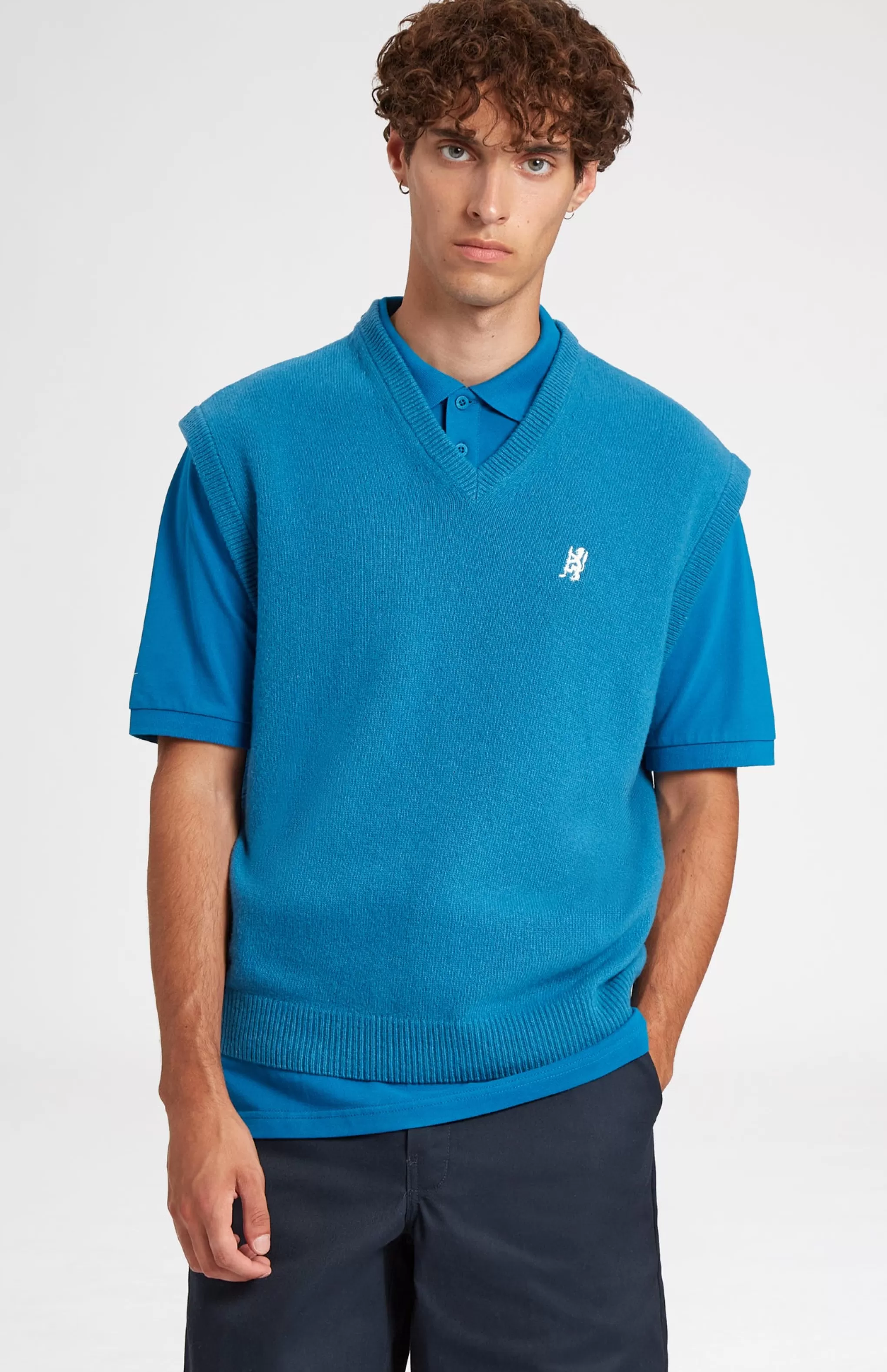 Shop V Neck Sleeveless Golf Jumper In Lagoon With Golfing Lion Logo Men Medium Weight Knits