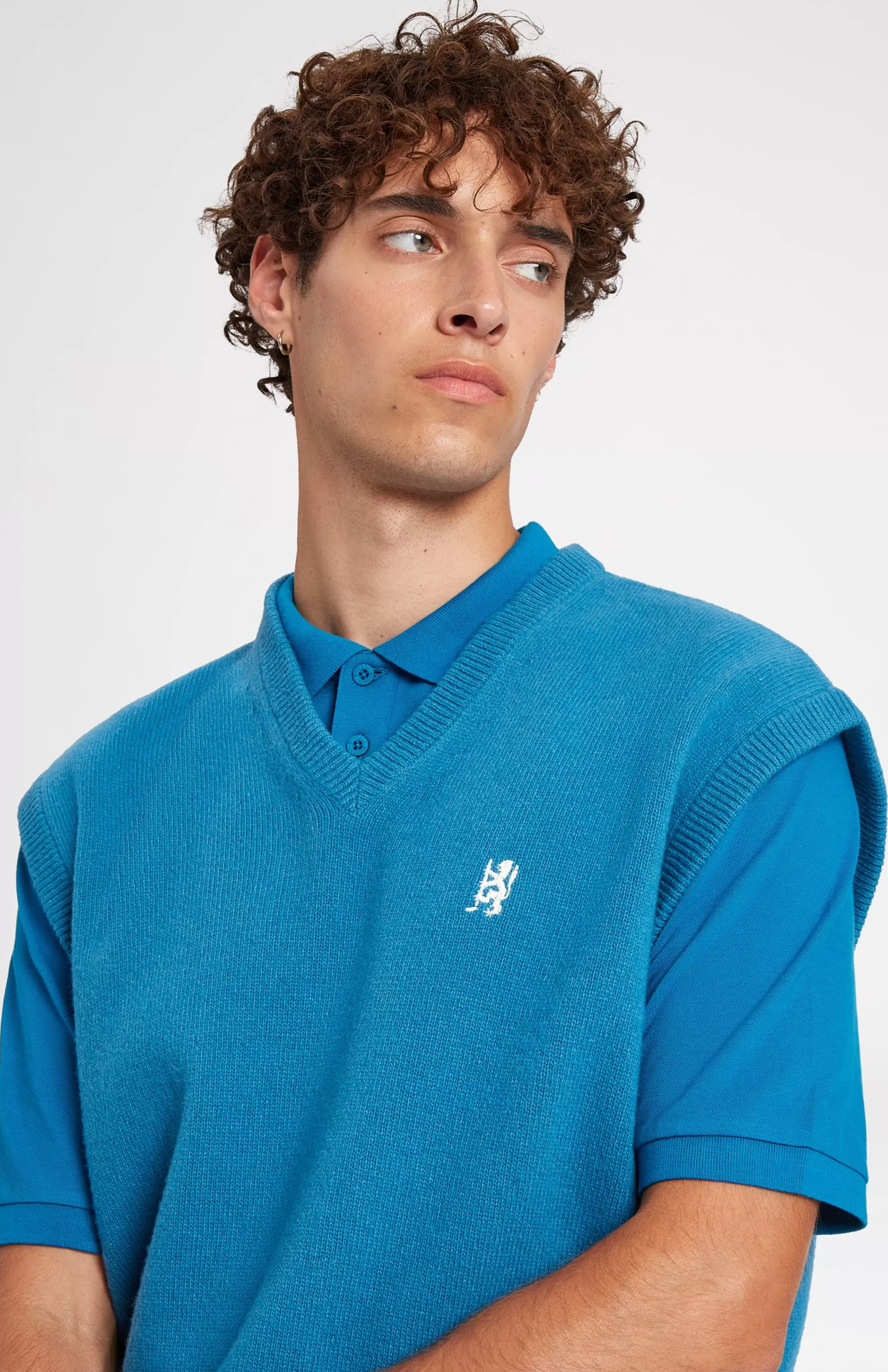 Shop V Neck Sleeveless Golf Jumper In Lagoon With Golfing Lion Logo Men Medium Weight Knits