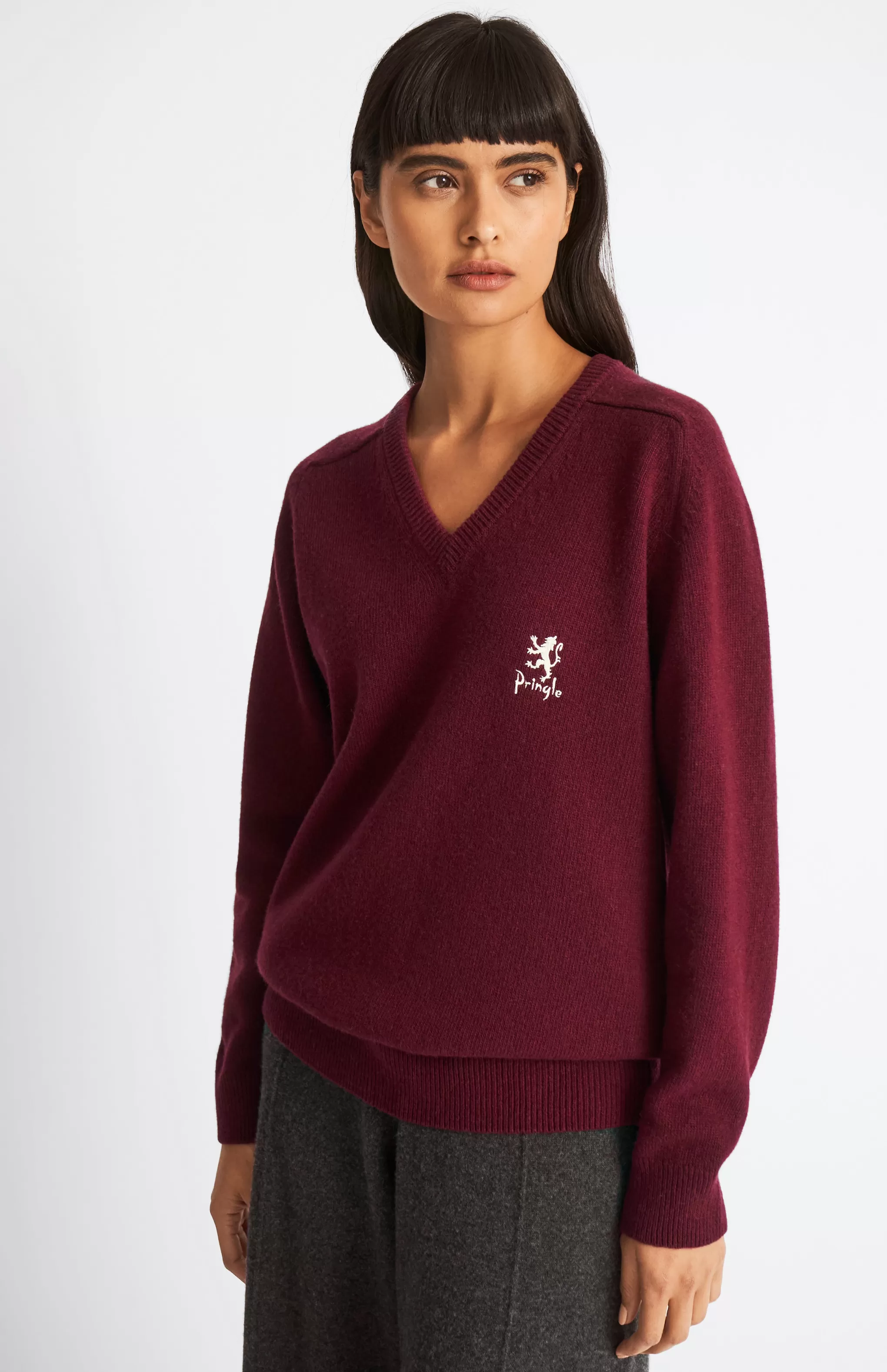 Clearance Women's Archive V Neck Lambswool Blend Jumper In Claret Men/Women V Neck Knits
