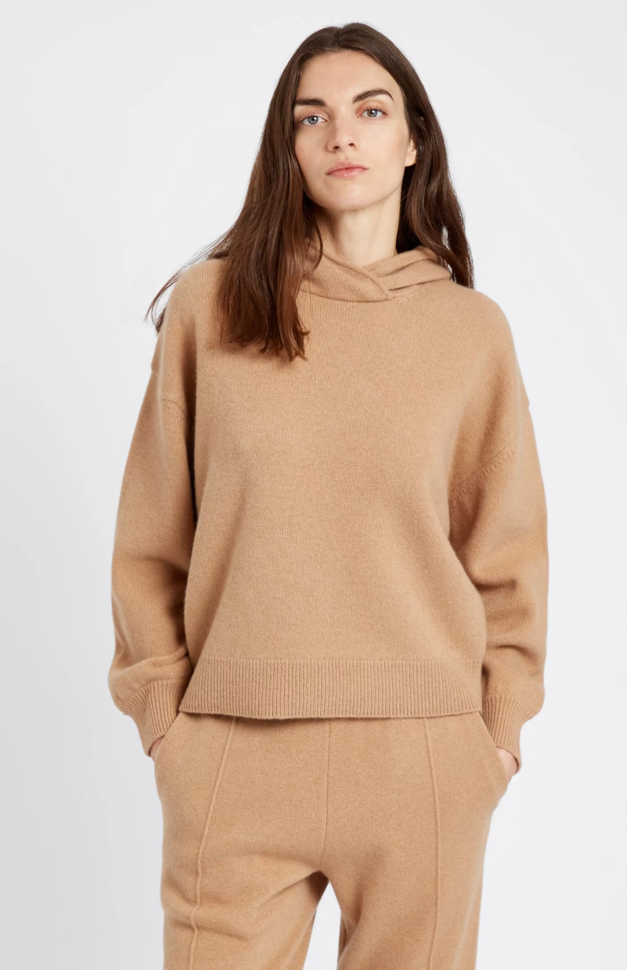 Best Sale Women's Cashmere Blend Hoodie In Sand Men/Women Round Neck Knits