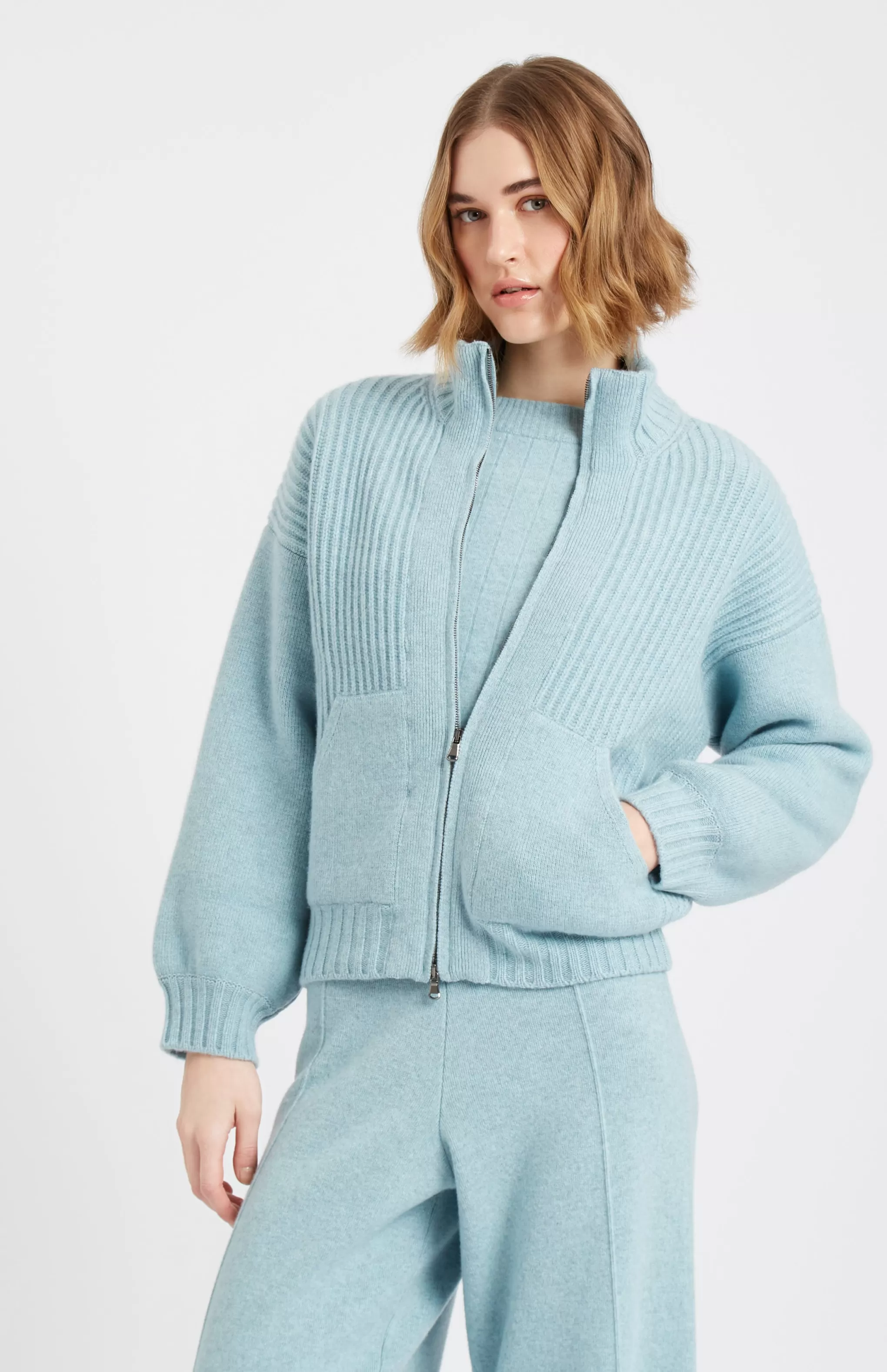 Hot Women's Cashmere Blend Zip Thru Jacket In Aqua Melange Men/Women Loungewear