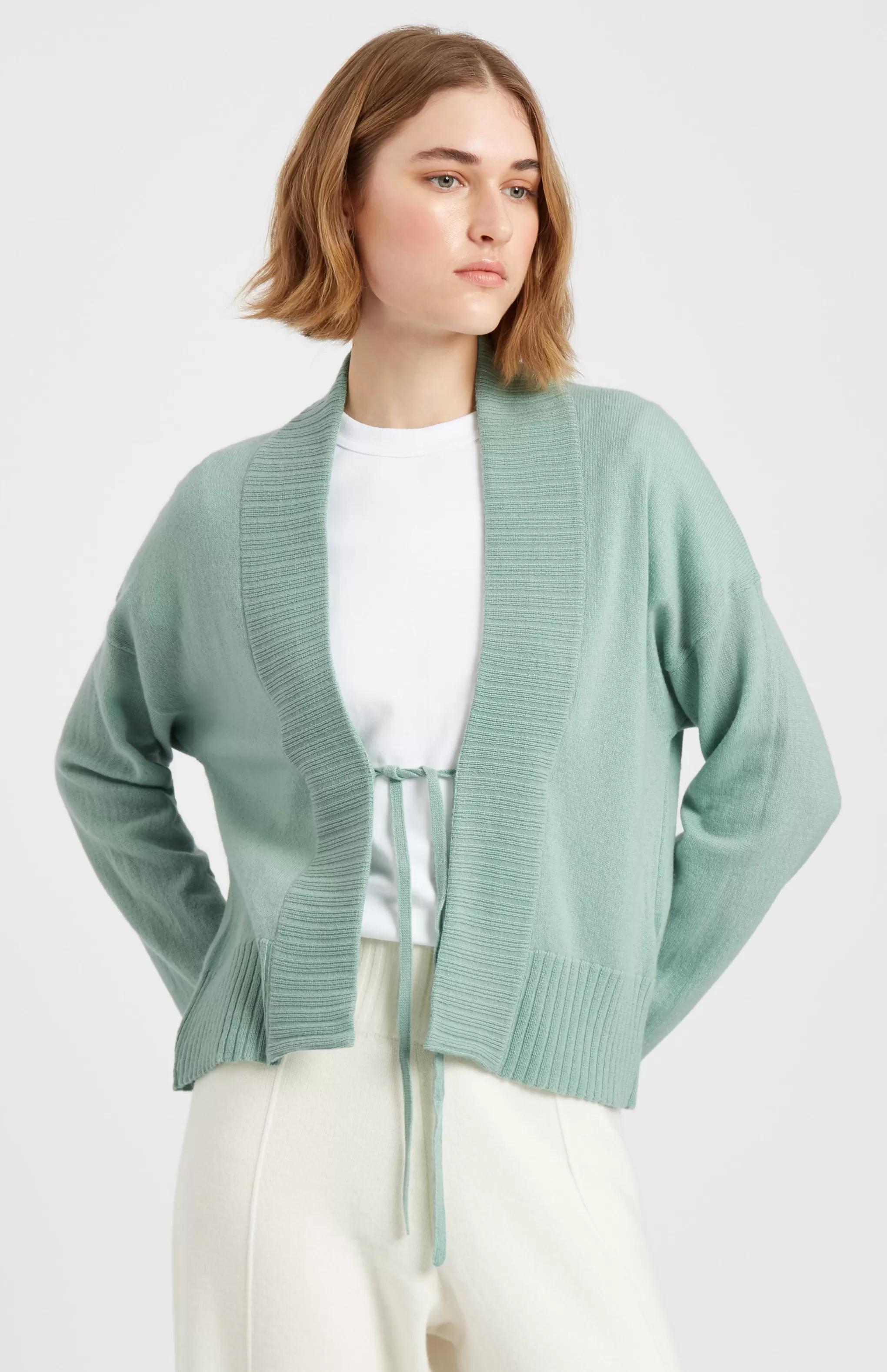 Sale Women's Lightweight Cashmere Open Cardigan With Tie In Aniseed Green Men/Women V Neck Knits