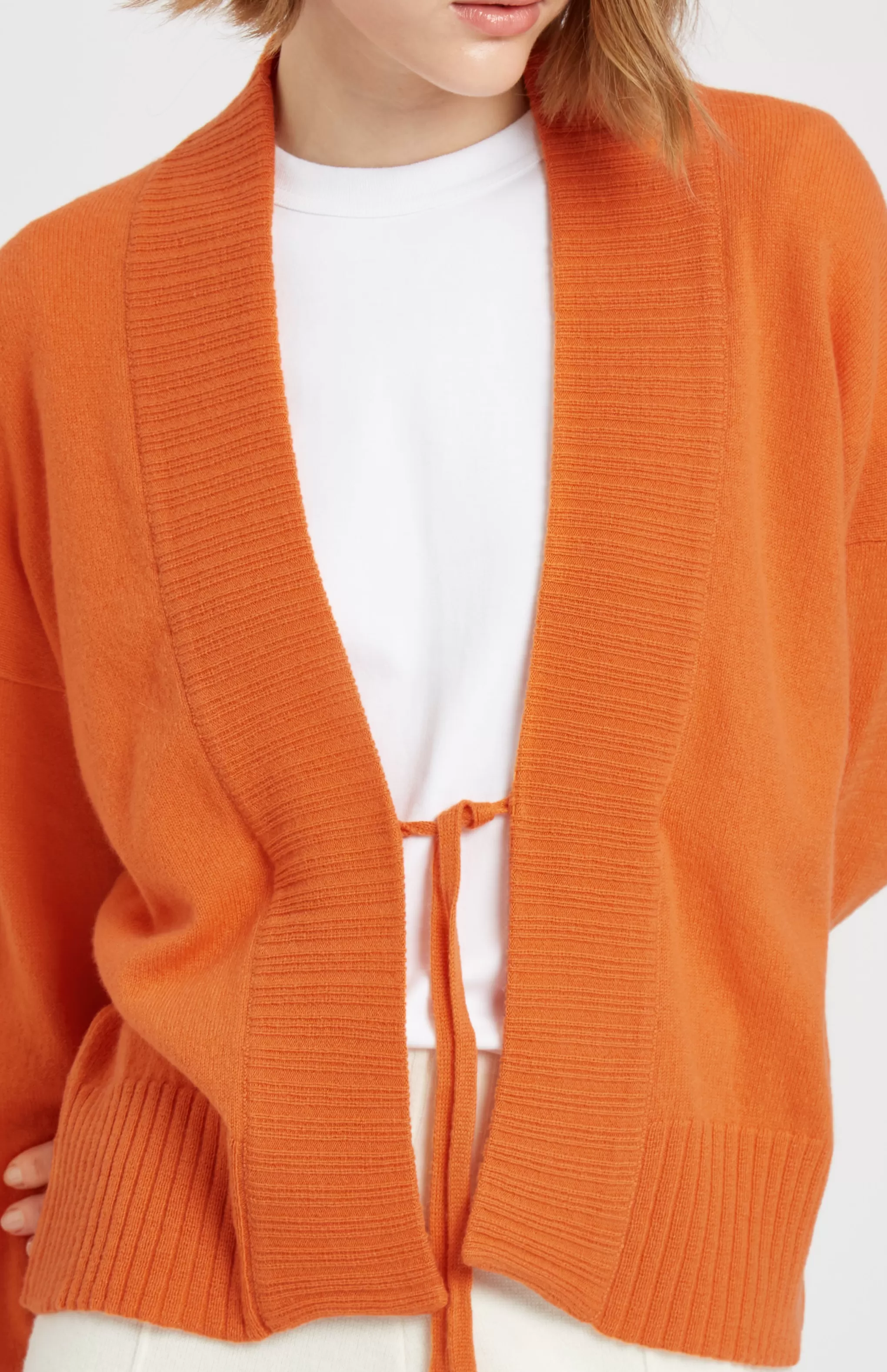 Store Women's Lightweight Cashmere Open Cardigan With Tie In Burnt Orange Men/Women V Neck Knits