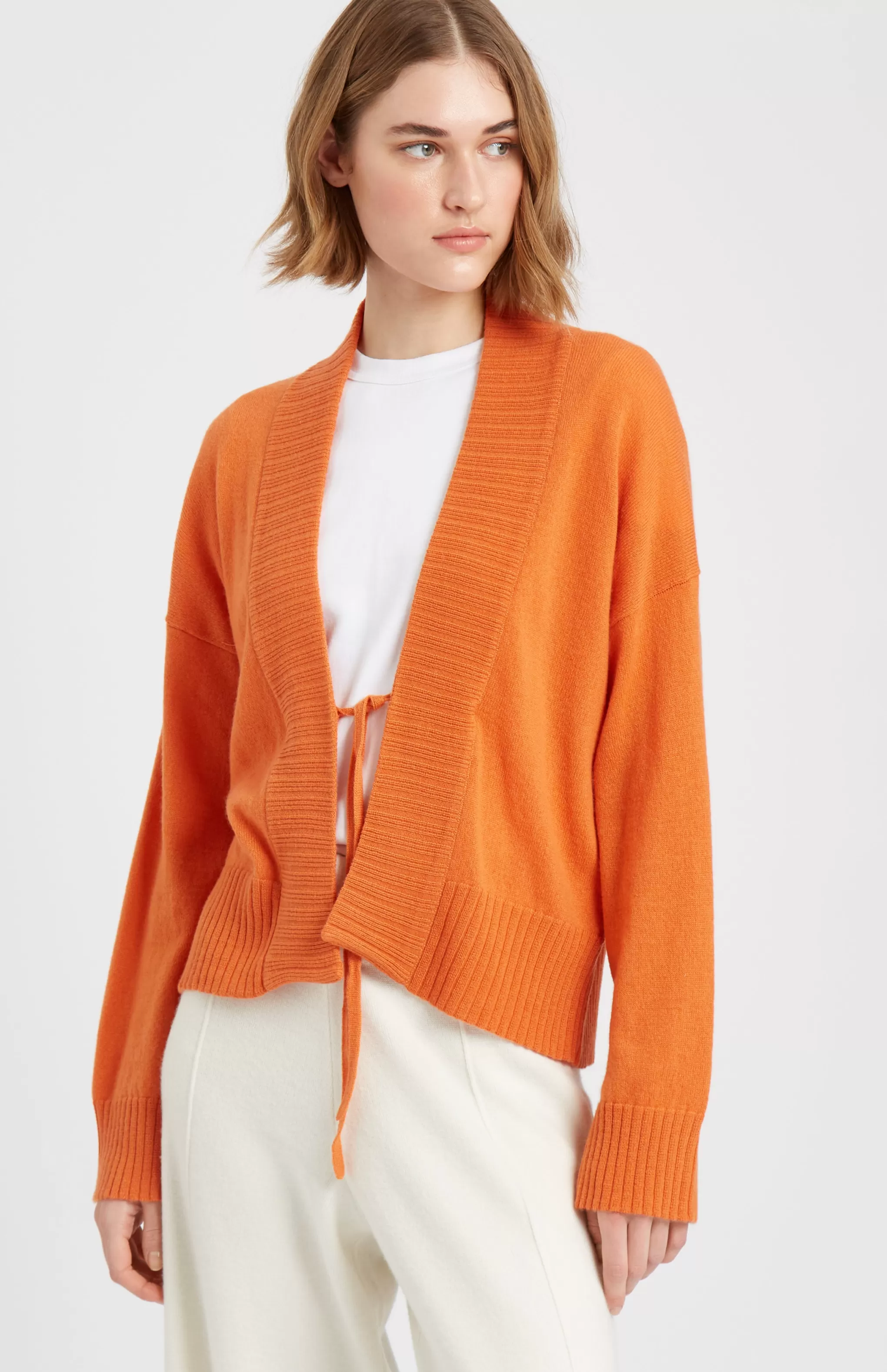Store Women's Lightweight Cashmere Open Cardigan With Tie In Burnt Orange Men/Women V Neck Knits