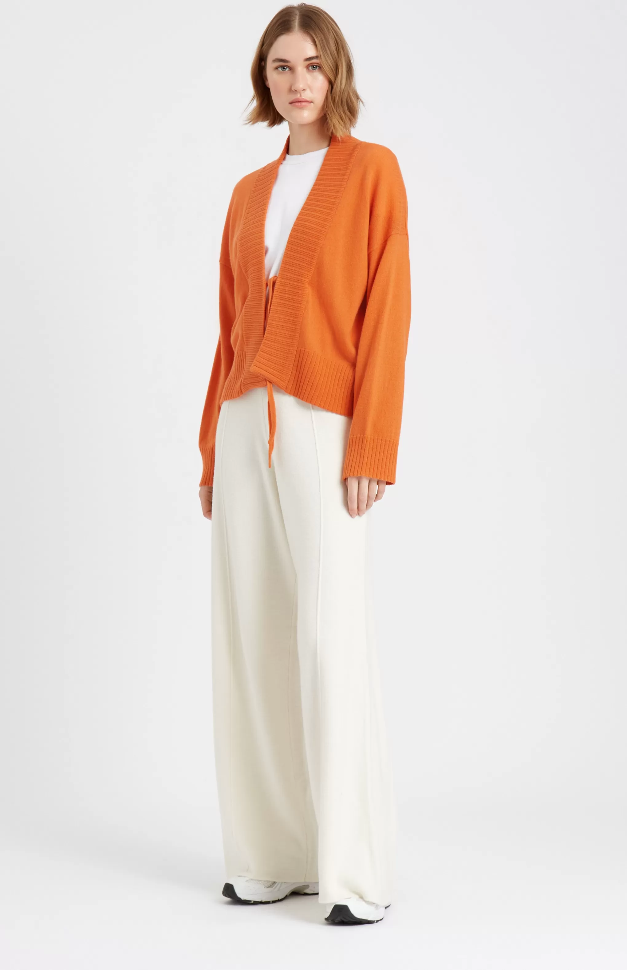 Store Women's Lightweight Cashmere Open Cardigan With Tie In Burnt Orange Men/Women V Neck Knits
