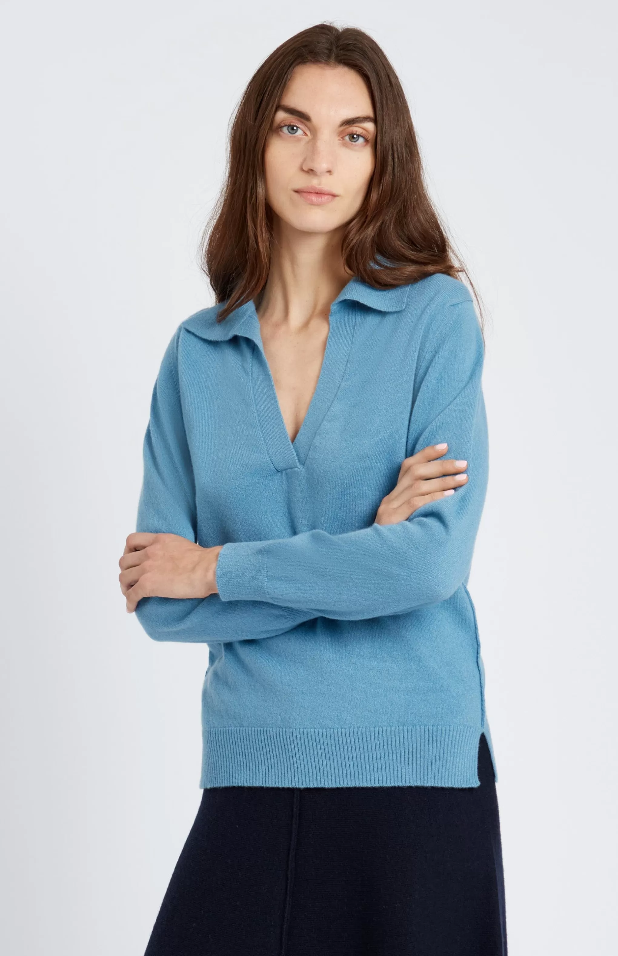 Best Sale Women's Polo-style Cashmere Jumper In Blue Smoke Men/Women Classic Cashmere