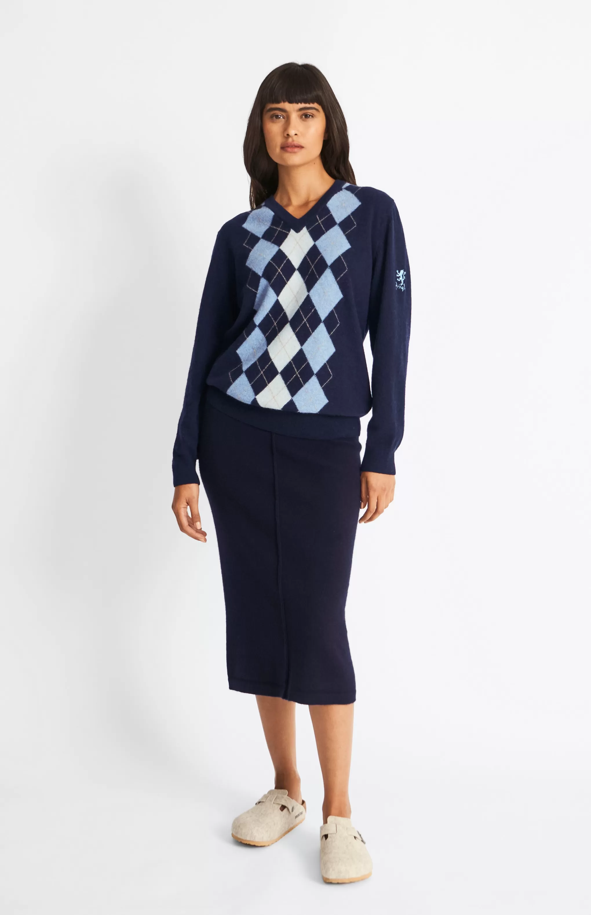 Discount Women's V Neck Centre Argyle Lambswool Jumper In Navy / Blue Men/Women V Neck Knits