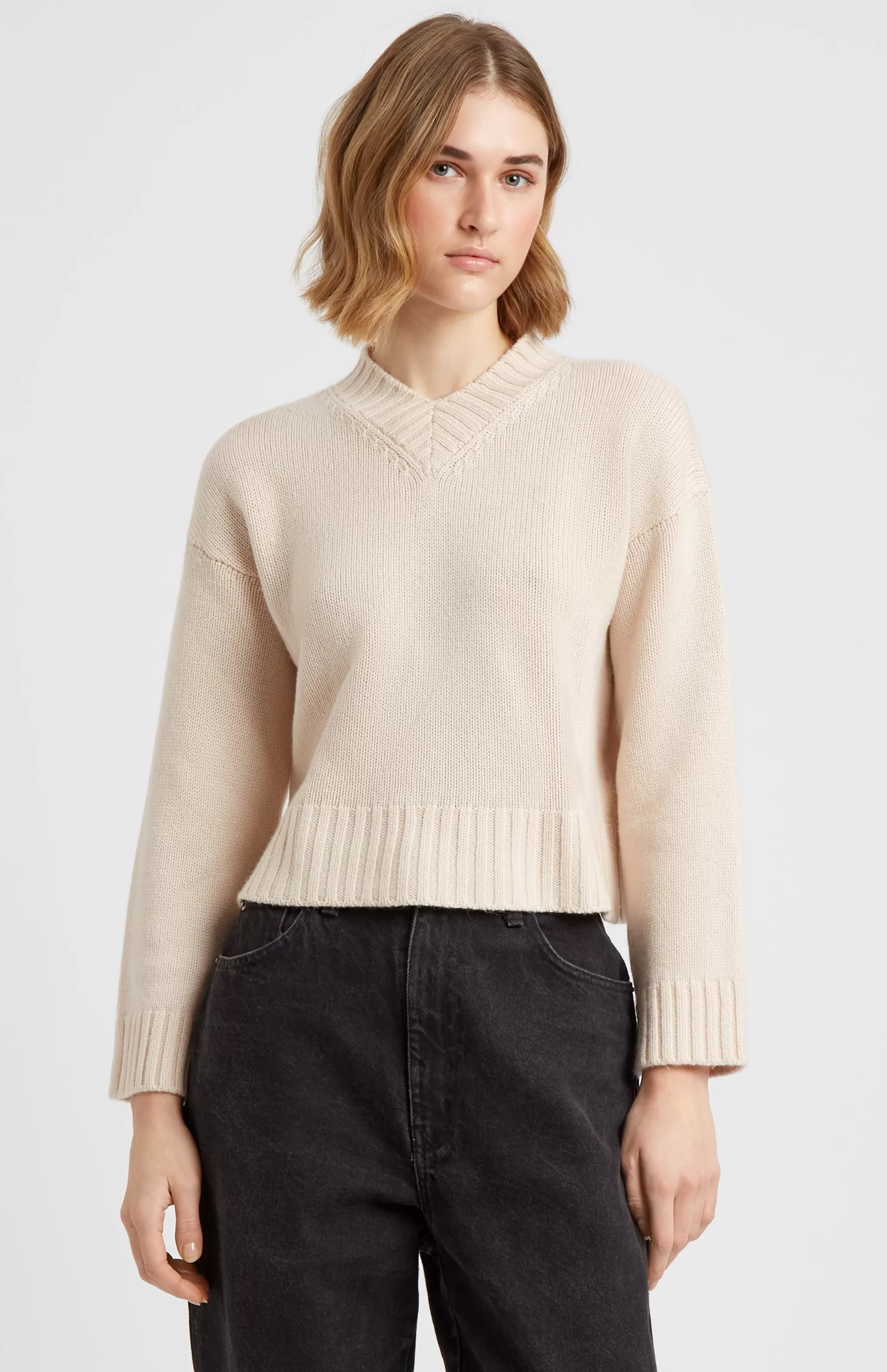 Shop Women's V Neck Cosy Cashmere Jumper In Light Natural Men/Women Medium Weight Knits