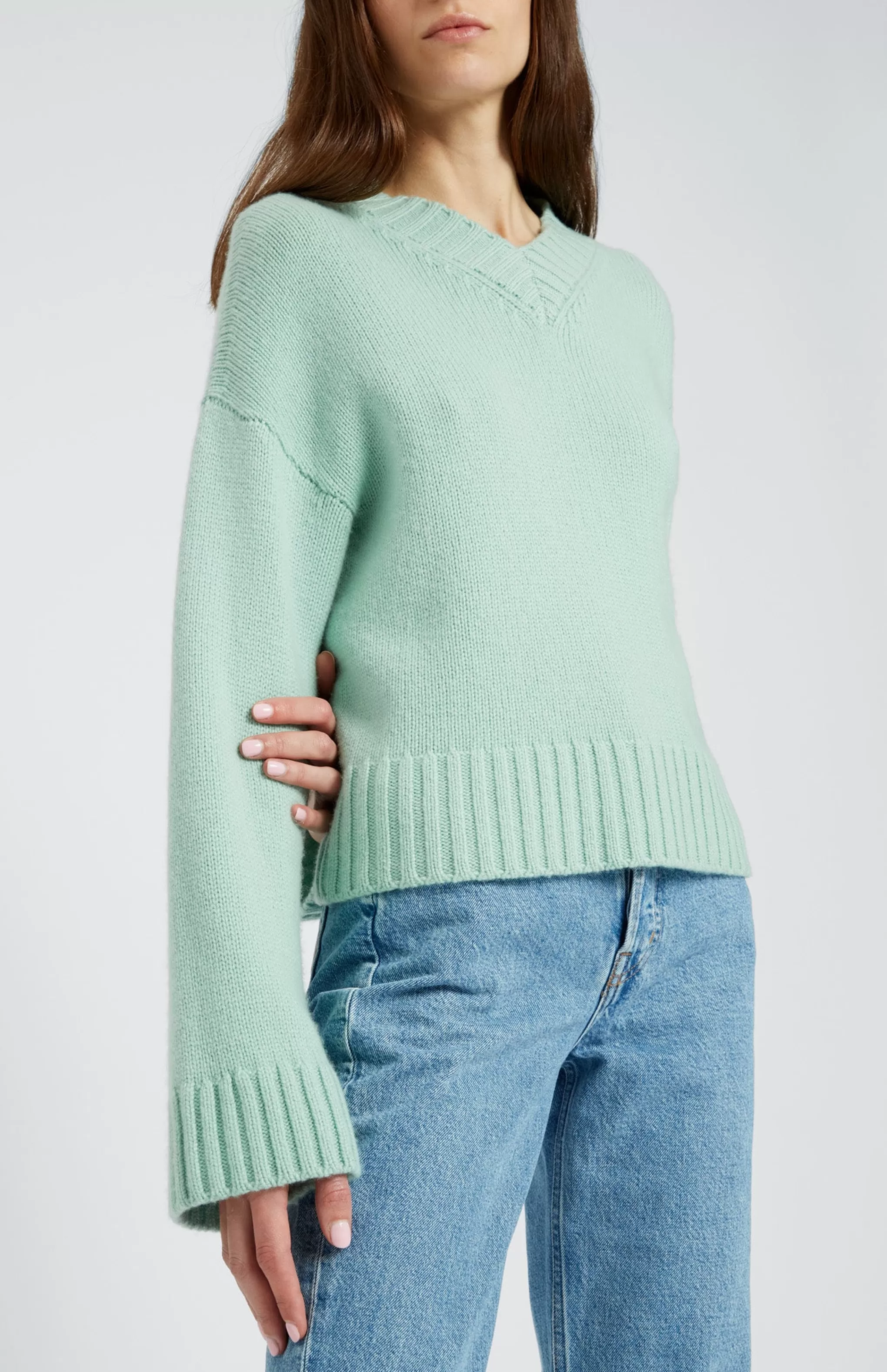 Clearance Women's V Neck Cosy Cashmere Jumper In Mint Men/Women V Neck Knits