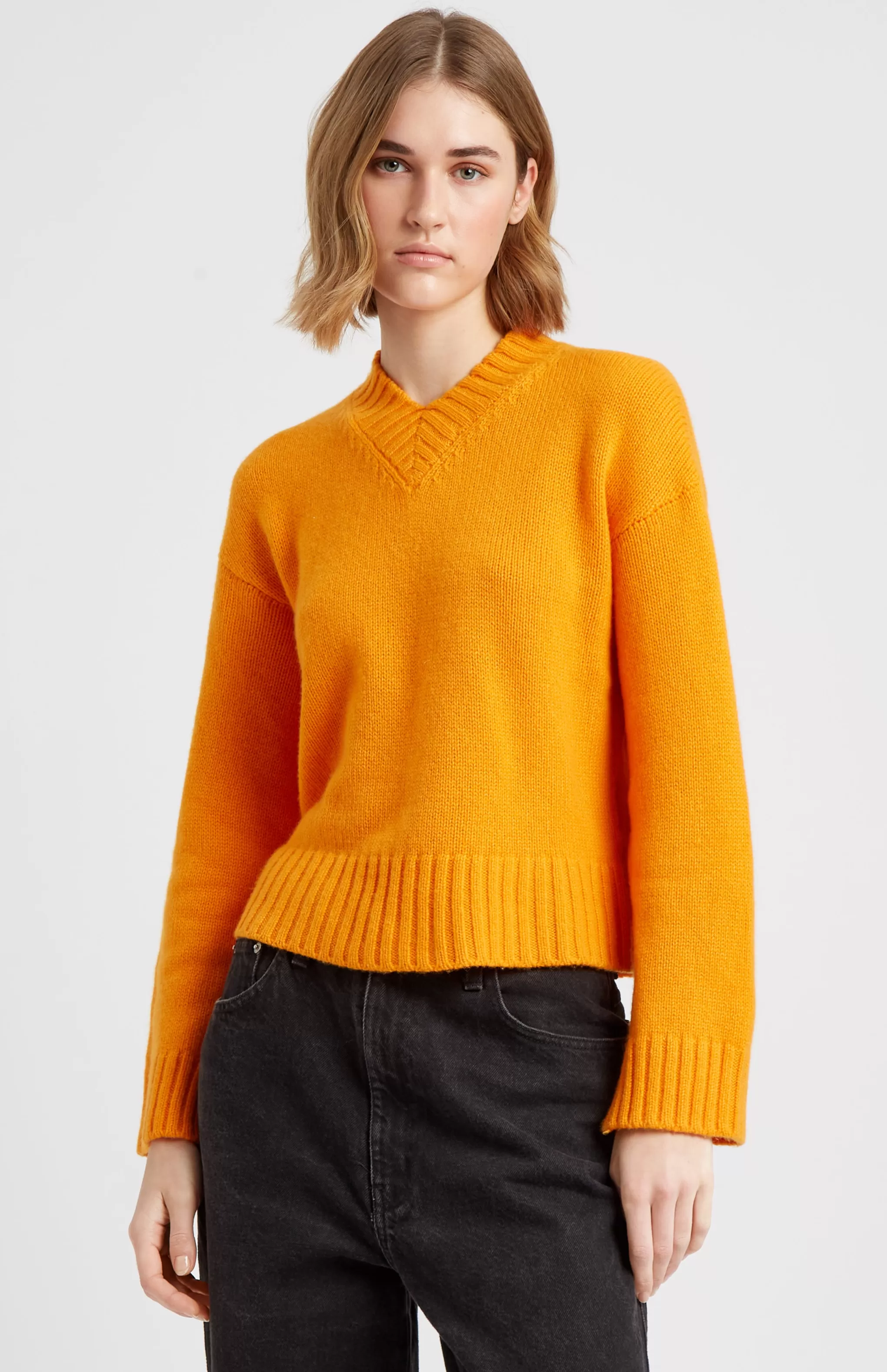 Cheap Women's V Neck Cosy Cashmere Jumper In Orange Men/Women Made in Scotland