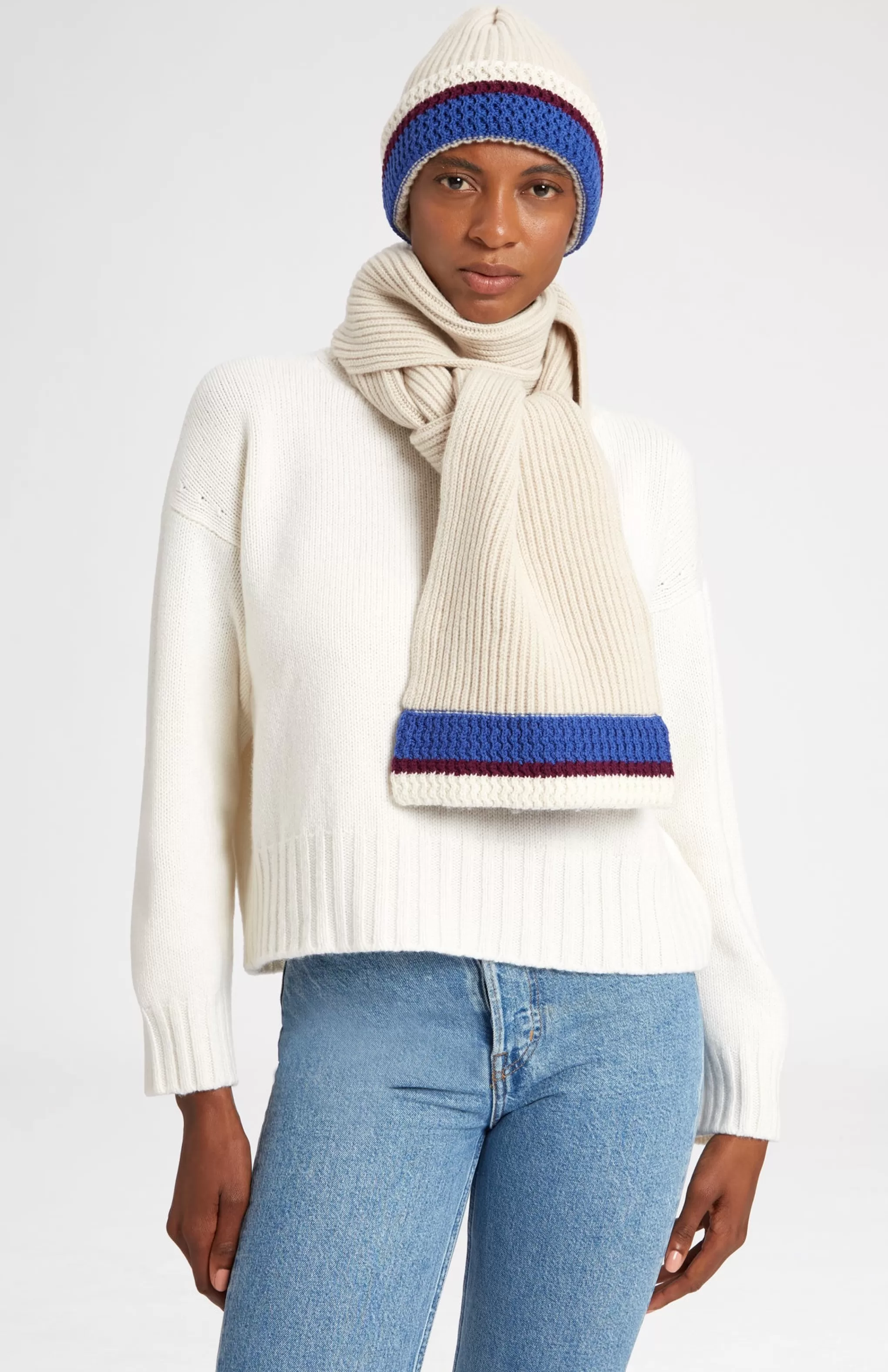 Store Wool Cashmere Blend Scarf With Allover Chunky Cardigan Rib In Almond Men Made in Scotland
