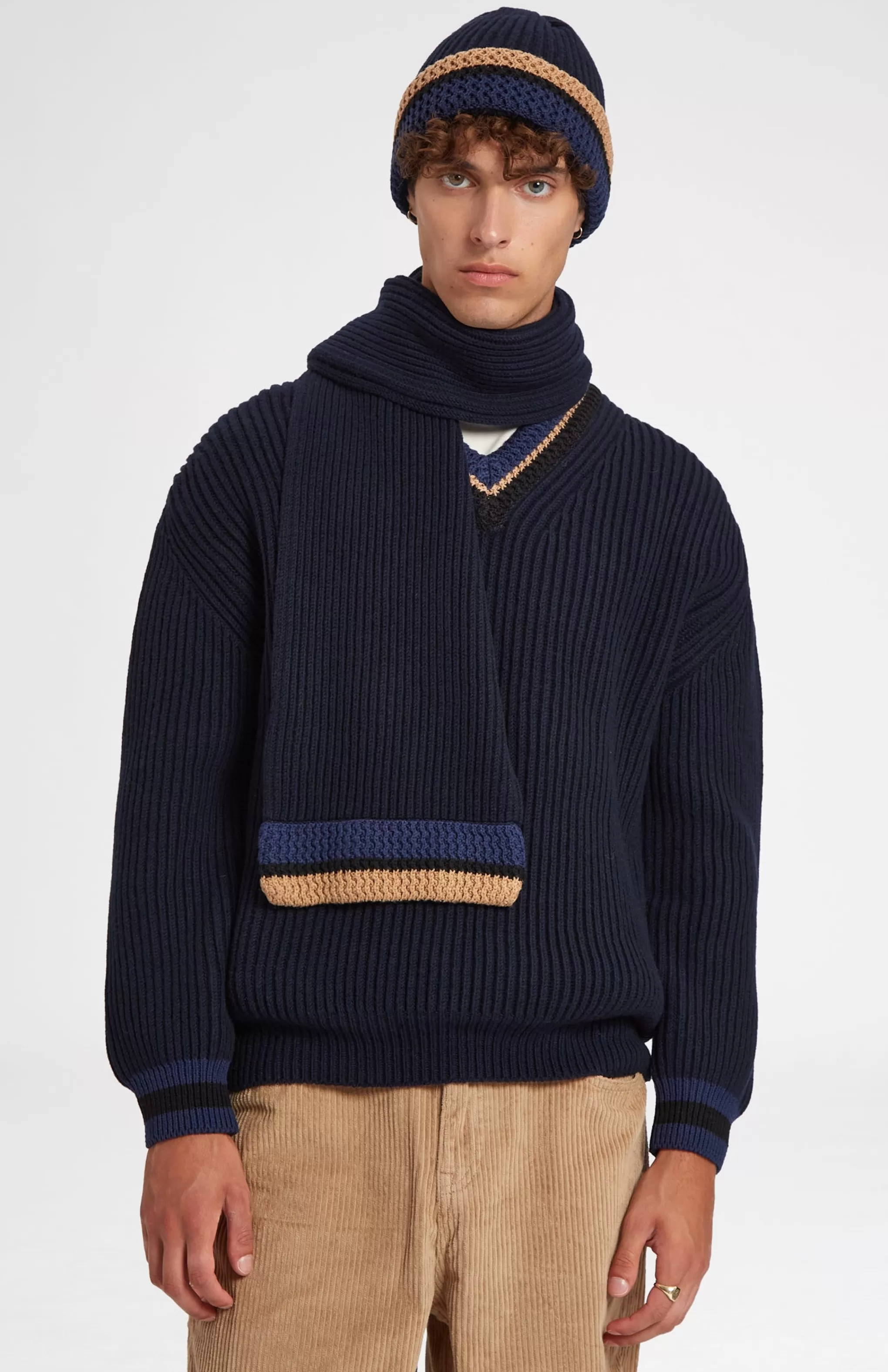 Cheap Wool Cashmere Blend Scarf With Allover Chunky Cardigan Rib In Navy Men/Women Gifts For Women