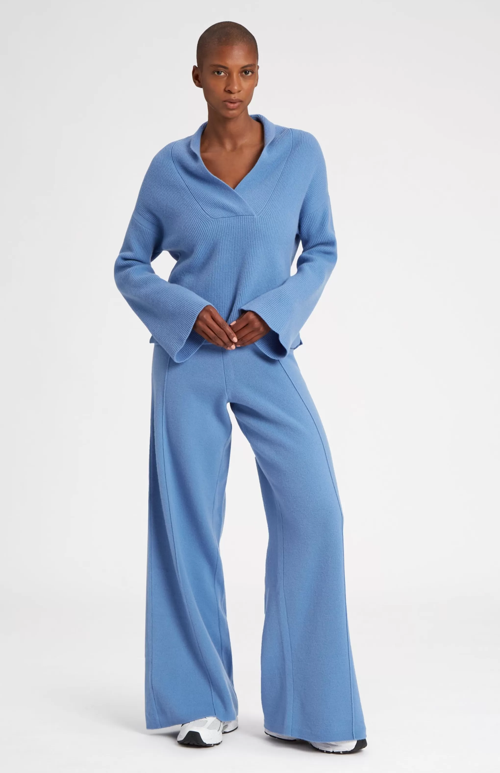 New Wool Cashmere Blend Shawl Neck Jumper With Fine Rib In Cornflower Blue Men/Women Loungewear