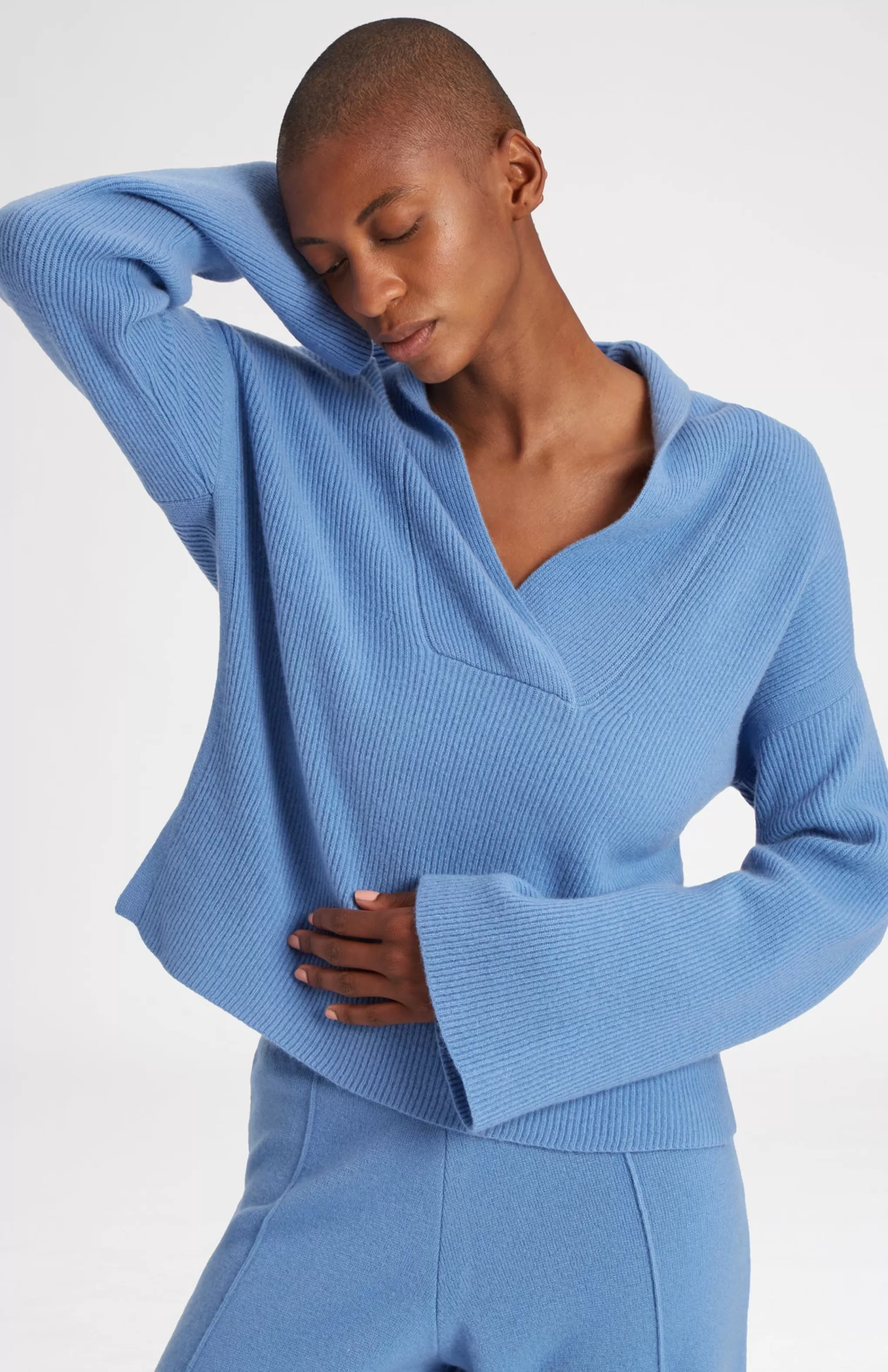 New Wool Cashmere Blend Shawl Neck Jumper With Fine Rib In Cornflower Blue Men/Women Loungewear