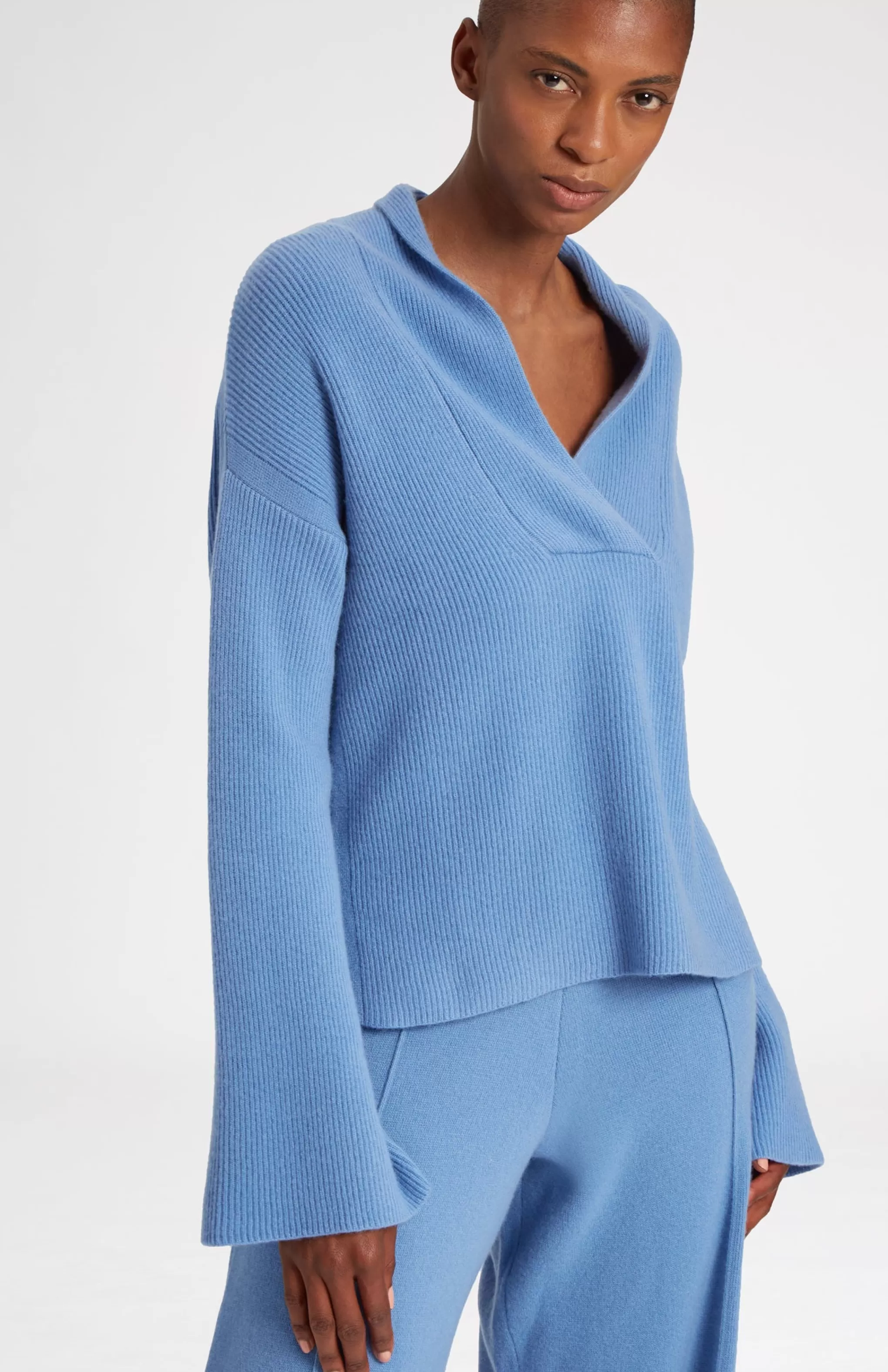New Wool Cashmere Blend Shawl Neck Jumper With Fine Rib In Cornflower Blue Men/Women Loungewear