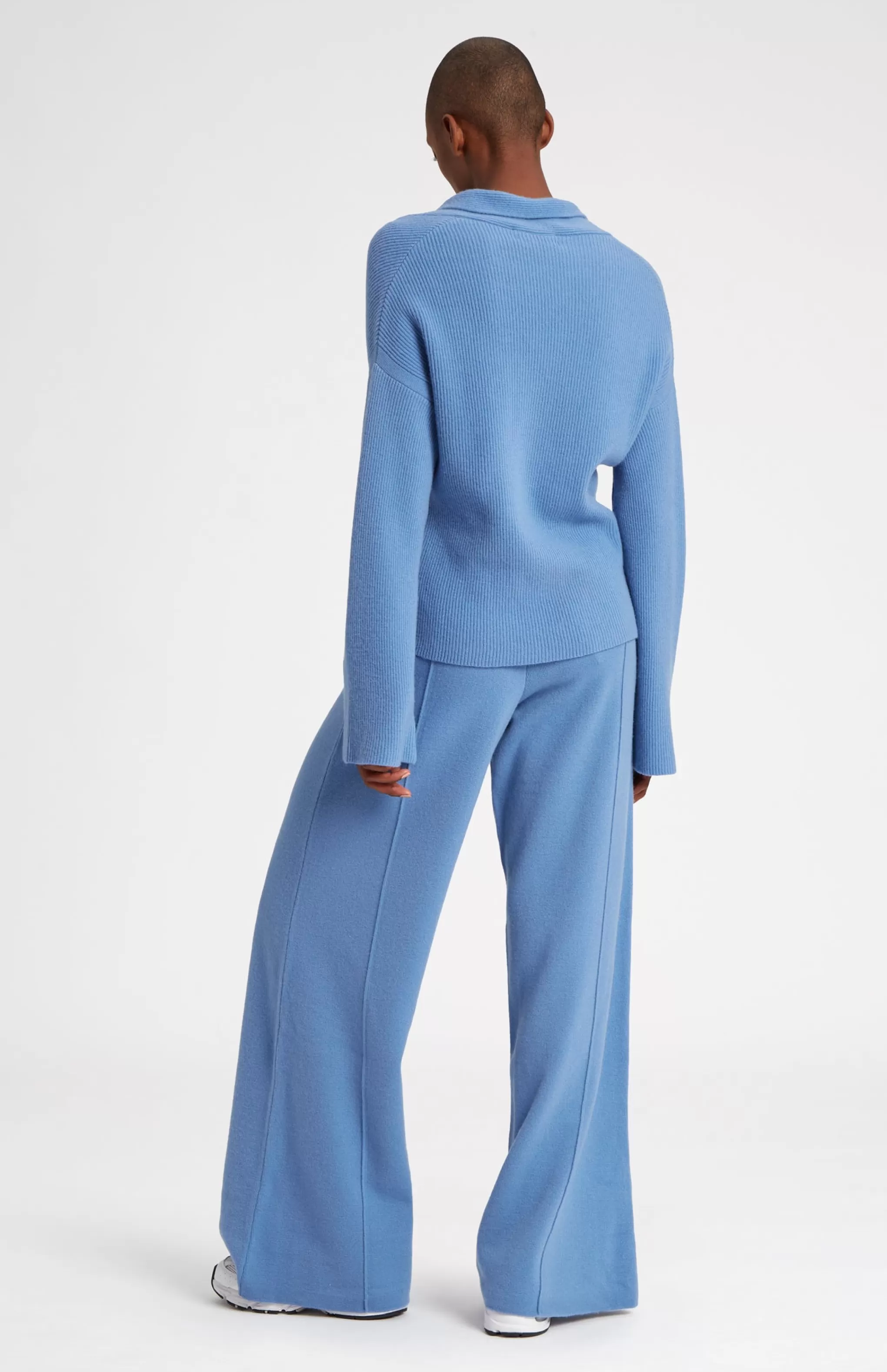 New Wool Cashmere Blend Shawl Neck Jumper With Fine Rib In Cornflower Blue Men/Women Loungewear