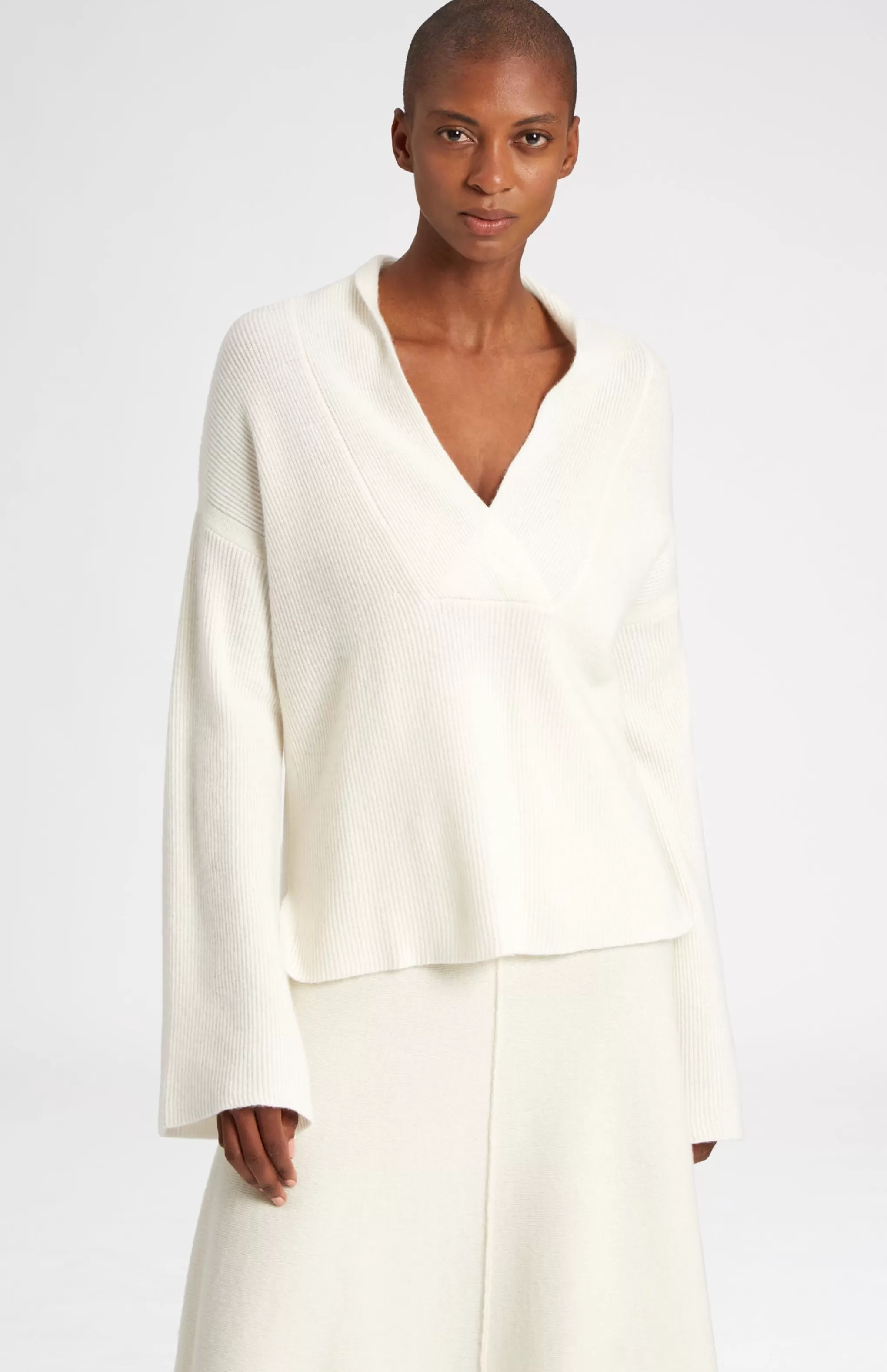 Clearance Wool Cashmere Blend Shawl Neck Jumper With Fine Rib In Cream Men/Women V Neck Knits
