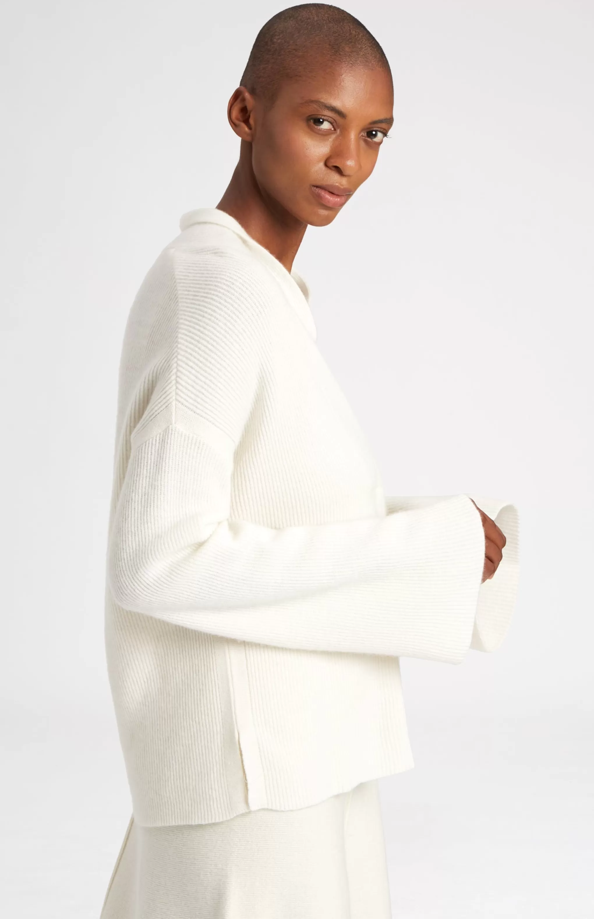 Clearance Wool Cashmere Blend Shawl Neck Jumper With Fine Rib In Cream Men/Women V Neck Knits
