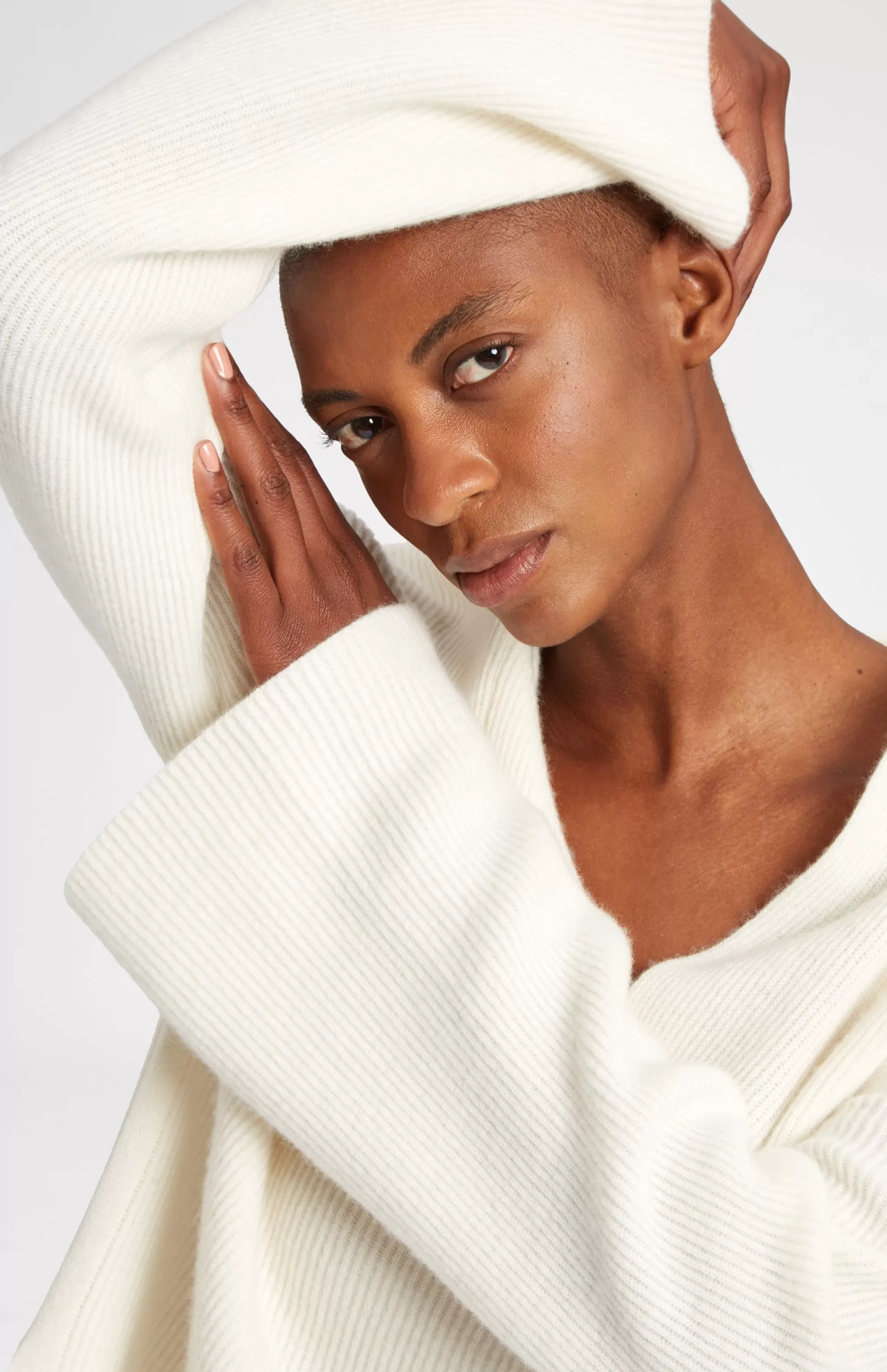 Clearance Wool Cashmere Blend Shawl Neck Jumper With Fine Rib In Cream Men/Women V Neck Knits