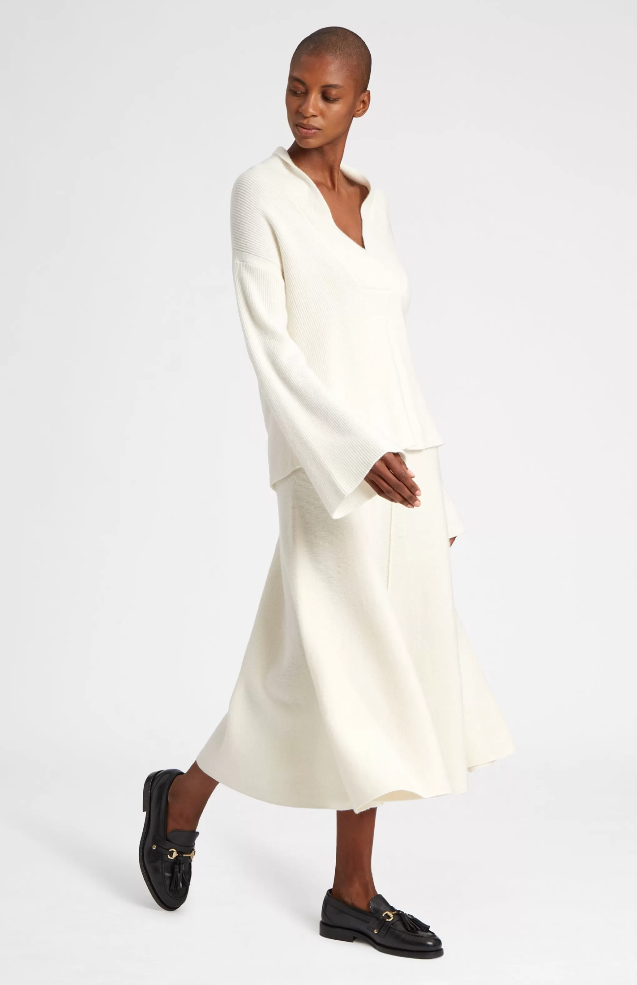 Clearance Wool Cashmere Blend Shawl Neck Jumper With Fine Rib In Cream Men/Women V Neck Knits