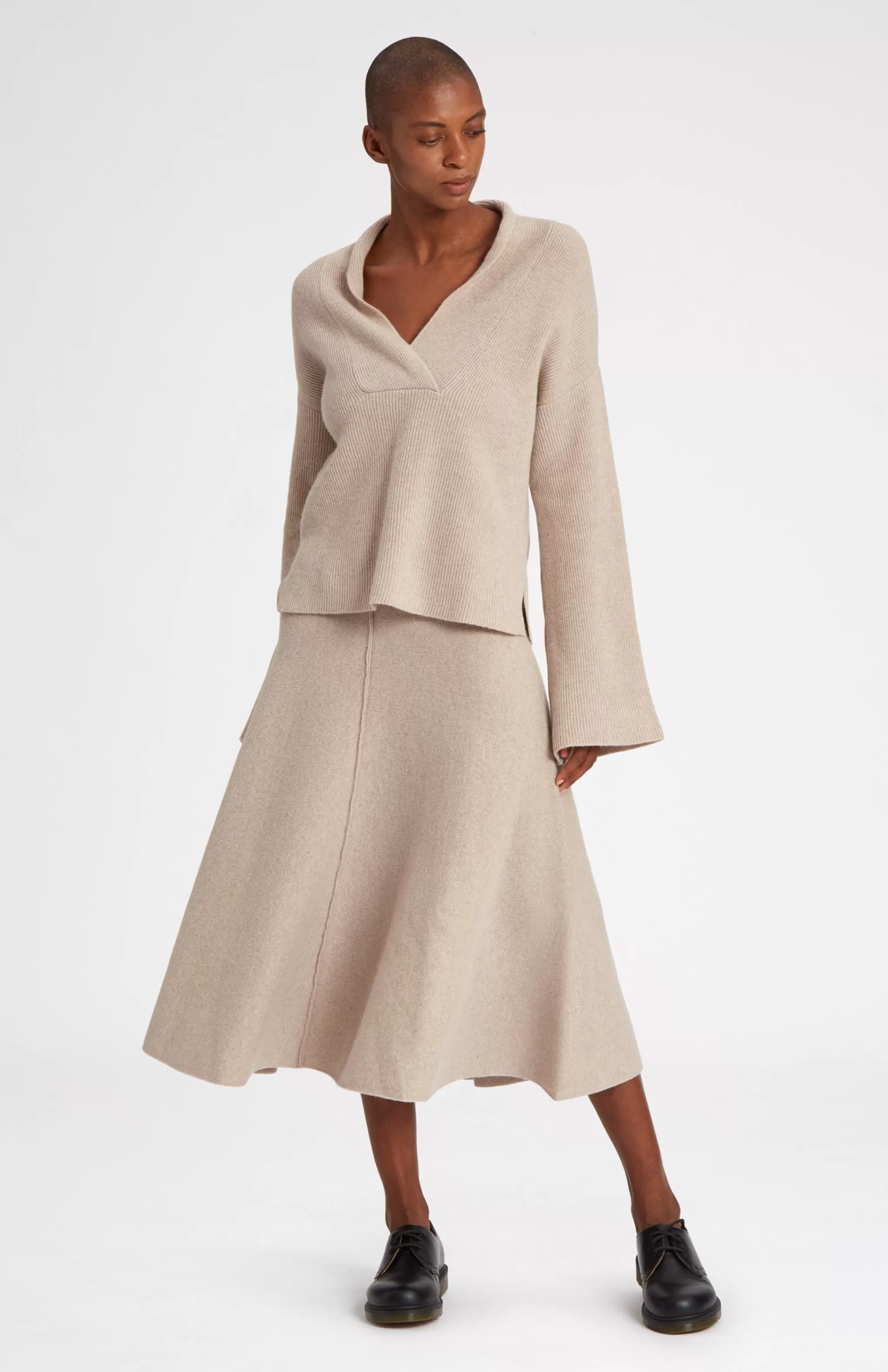 Hot Wool Cashmere Blend Shawl Neck Jumper With Fine Rib In Stone Melange Men/Women V Neck Knits