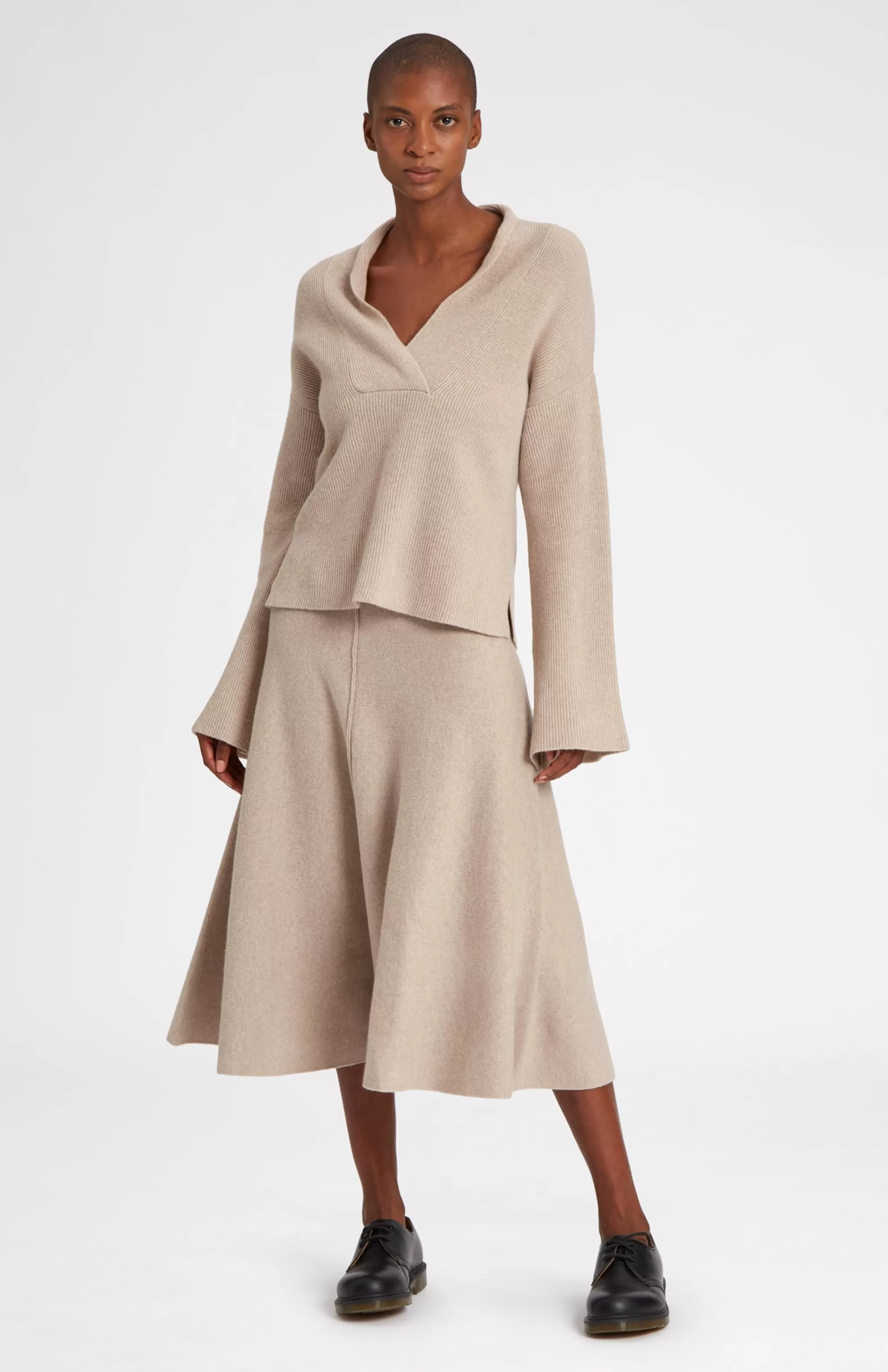 Hot Wool Cashmere Blend Shawl Neck Jumper With Fine Rib In Stone Melange Men/Women V Neck Knits