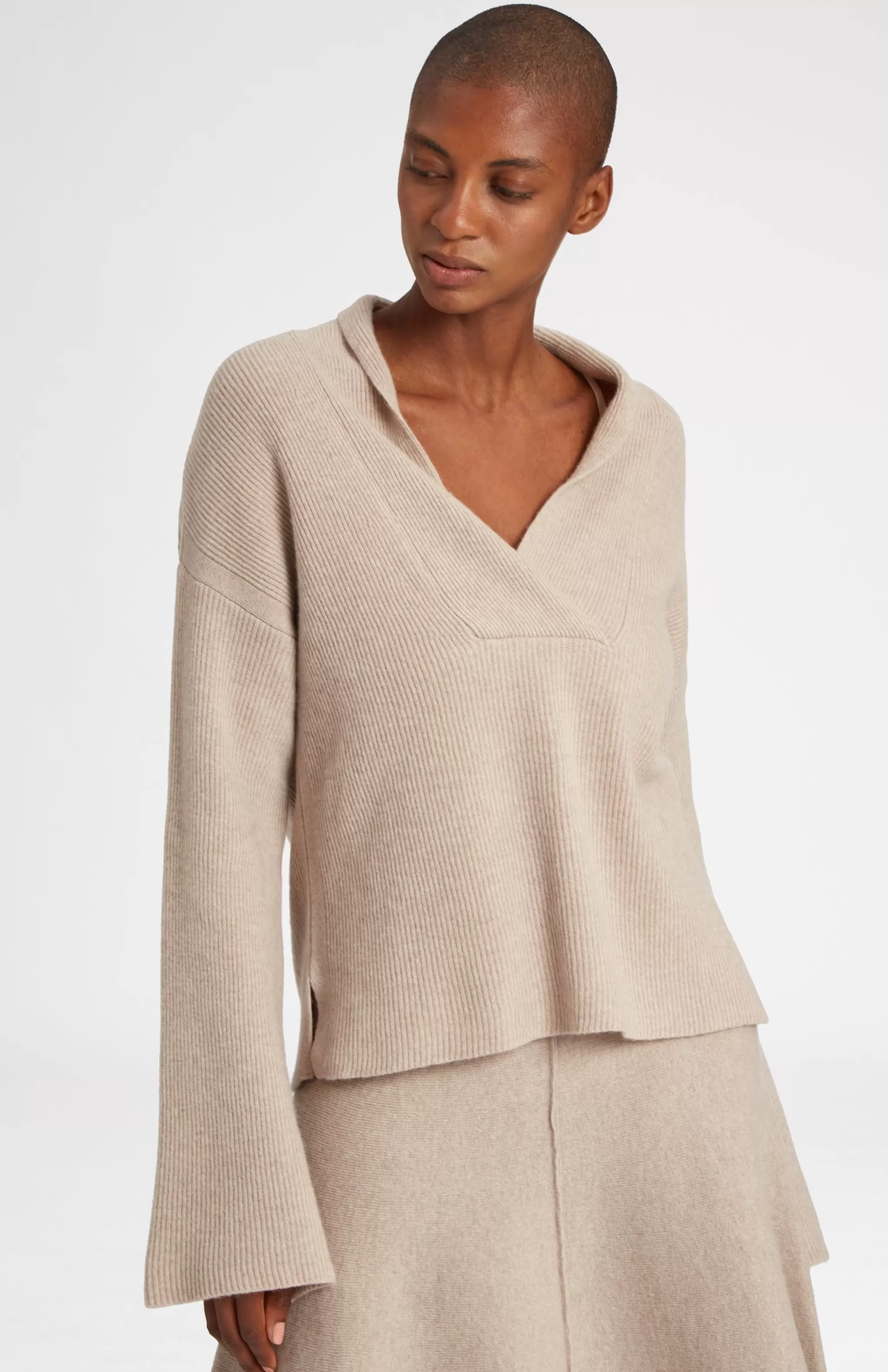 Hot Wool Cashmere Blend Shawl Neck Jumper With Fine Rib In Stone Melange Men/Women V Neck Knits
