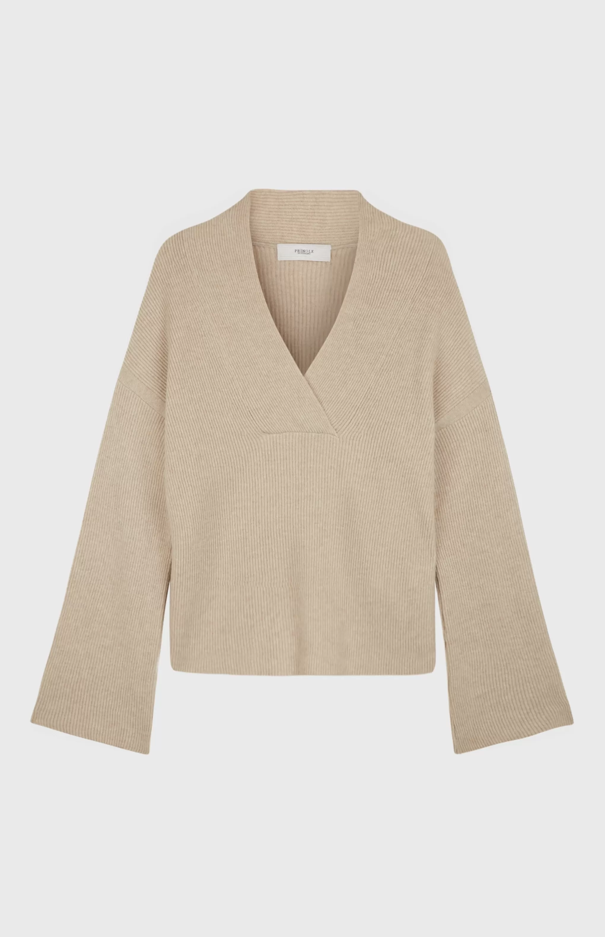 Hot Wool Cashmere Blend Shawl Neck Jumper With Fine Rib In Stone Melange Men/Women V Neck Knits