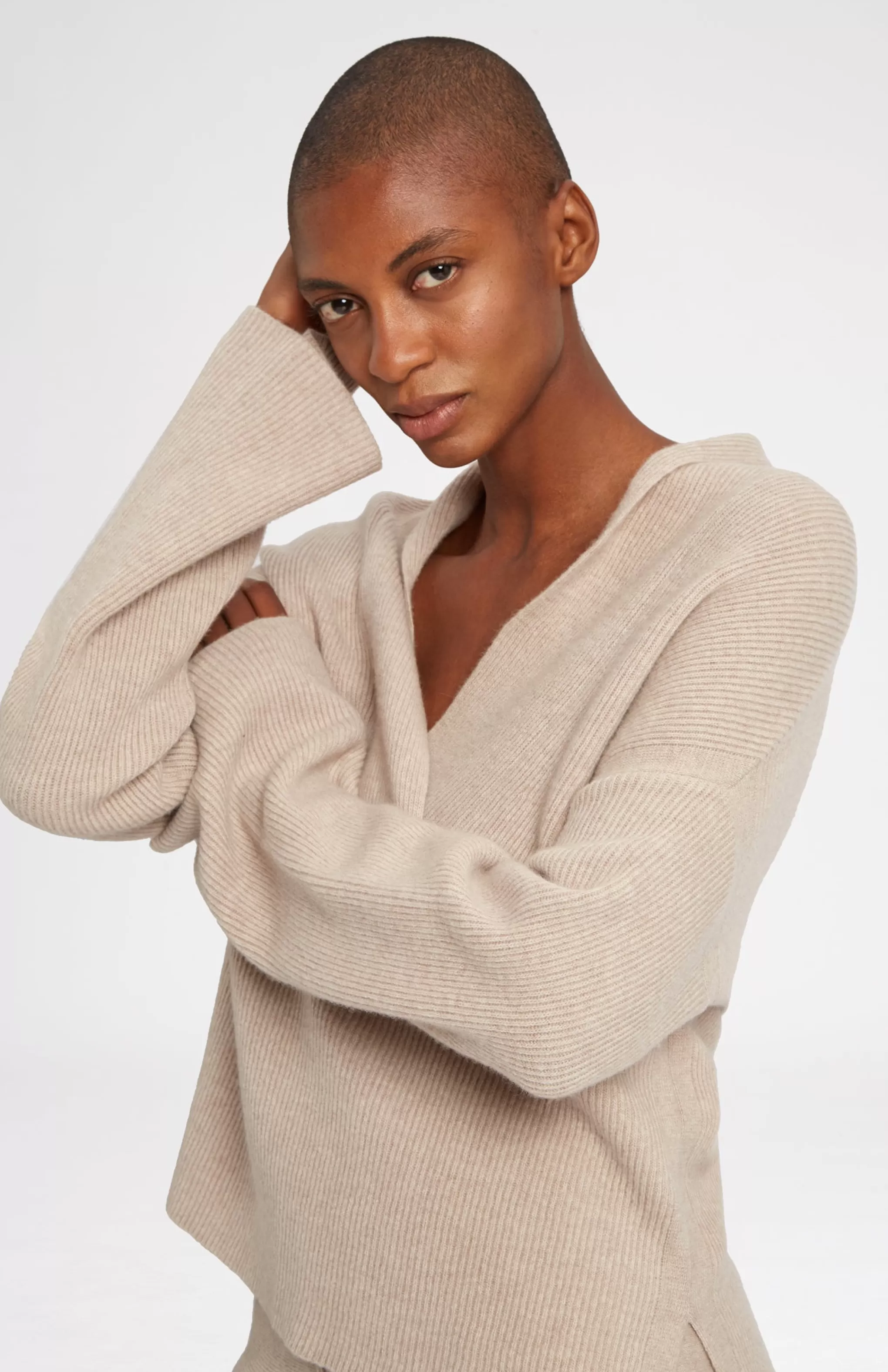Cheap Wool Cashmere Blend Shawl Neck Jumper With Fine Rib In Stone Melange Men/Women Loungewear