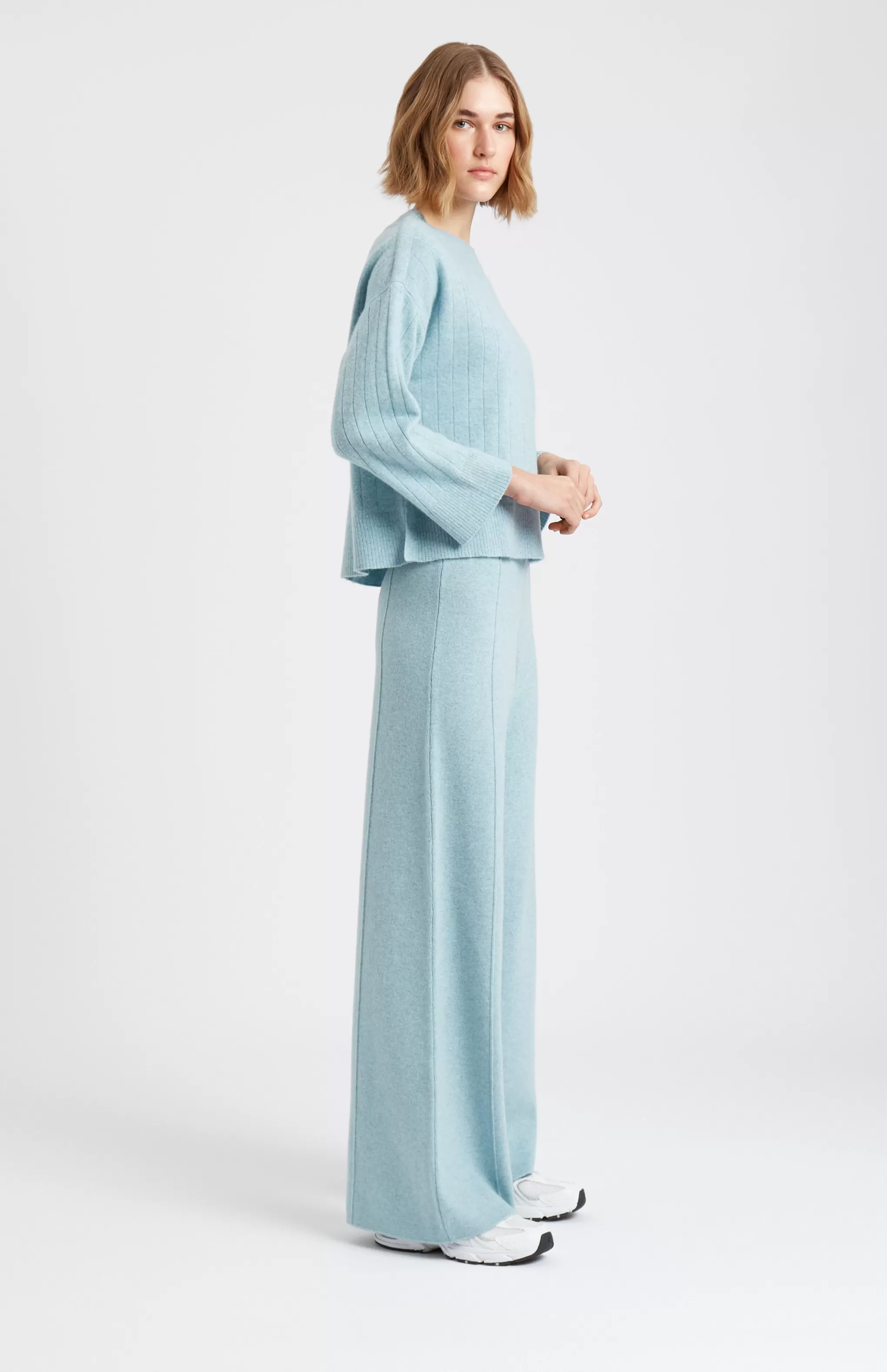 Cheap Wool Cashmere Blend Wide Neck Rib Jumper In Aqua Melange Men/Women Loungewear