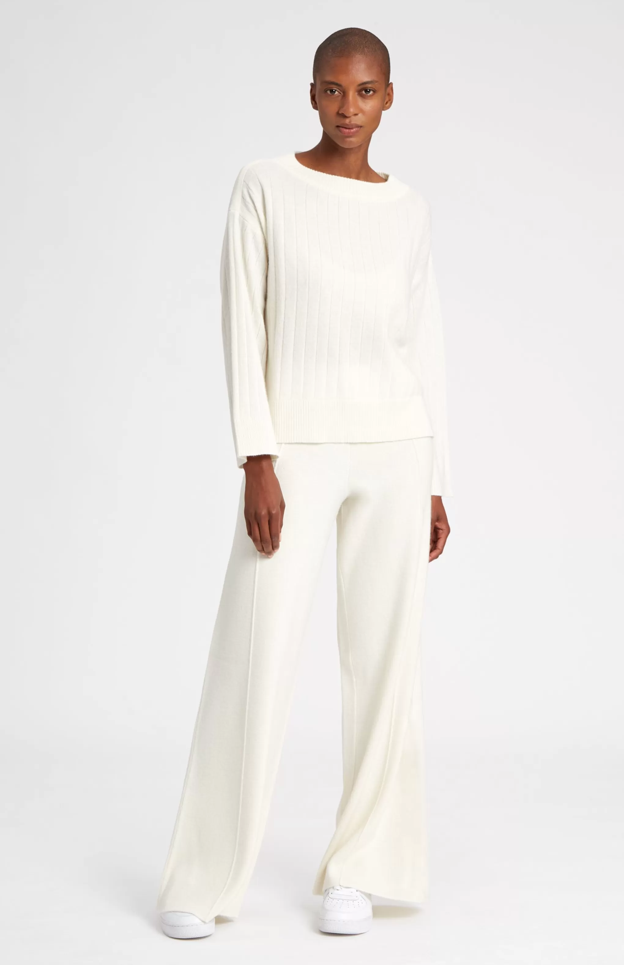 Outlet Wool Cashmere Blend Wide Neck Rib Jumper In Cream Men/Women Loungewear
