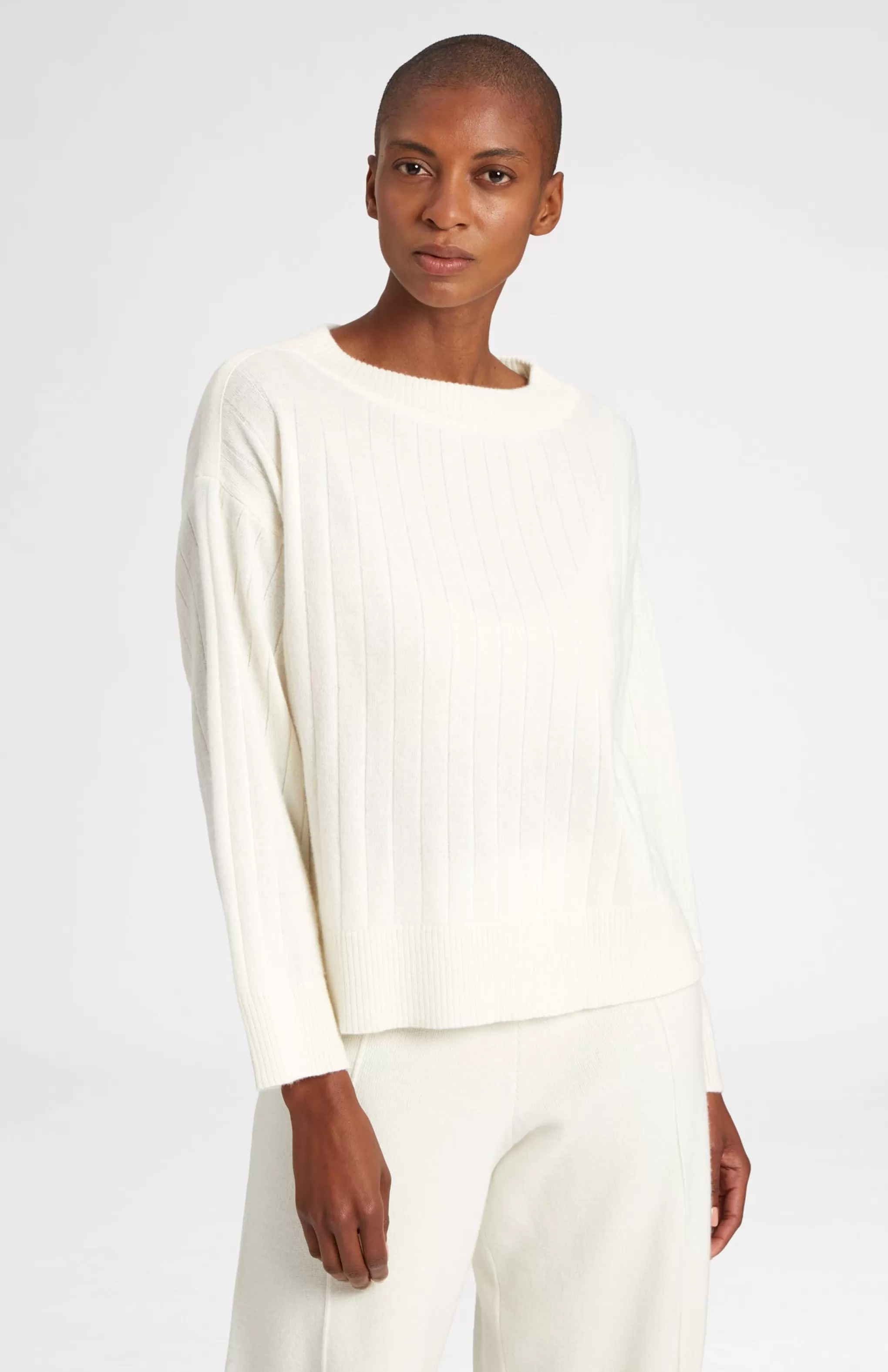 Outlet Wool Cashmere Blend Wide Neck Rib Jumper In Cream Men/Women Loungewear