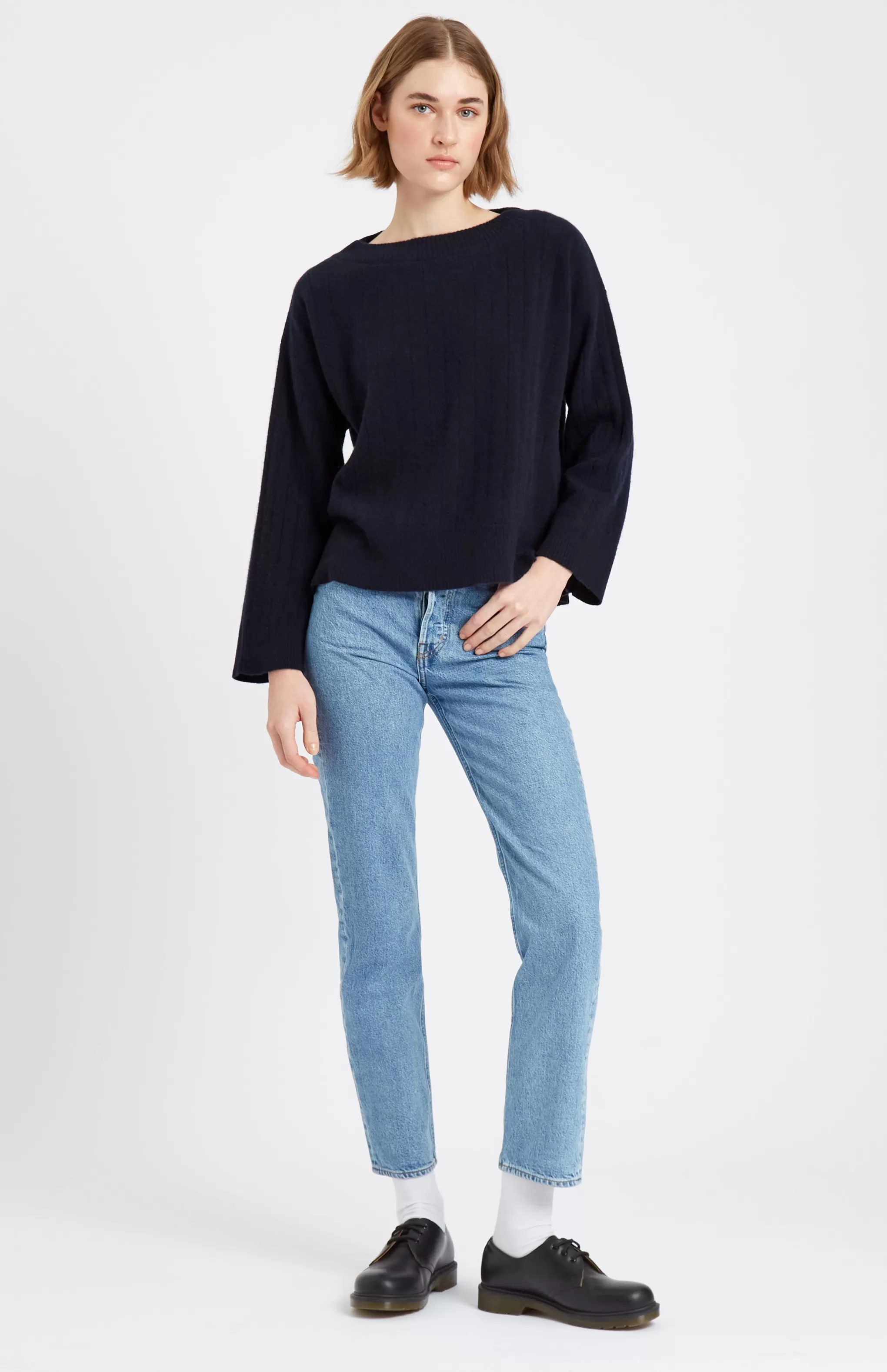Hot Wool Cashmere Blend Wide Neck Rib Jumper In Indigo Men/Women Round Neck Knits
