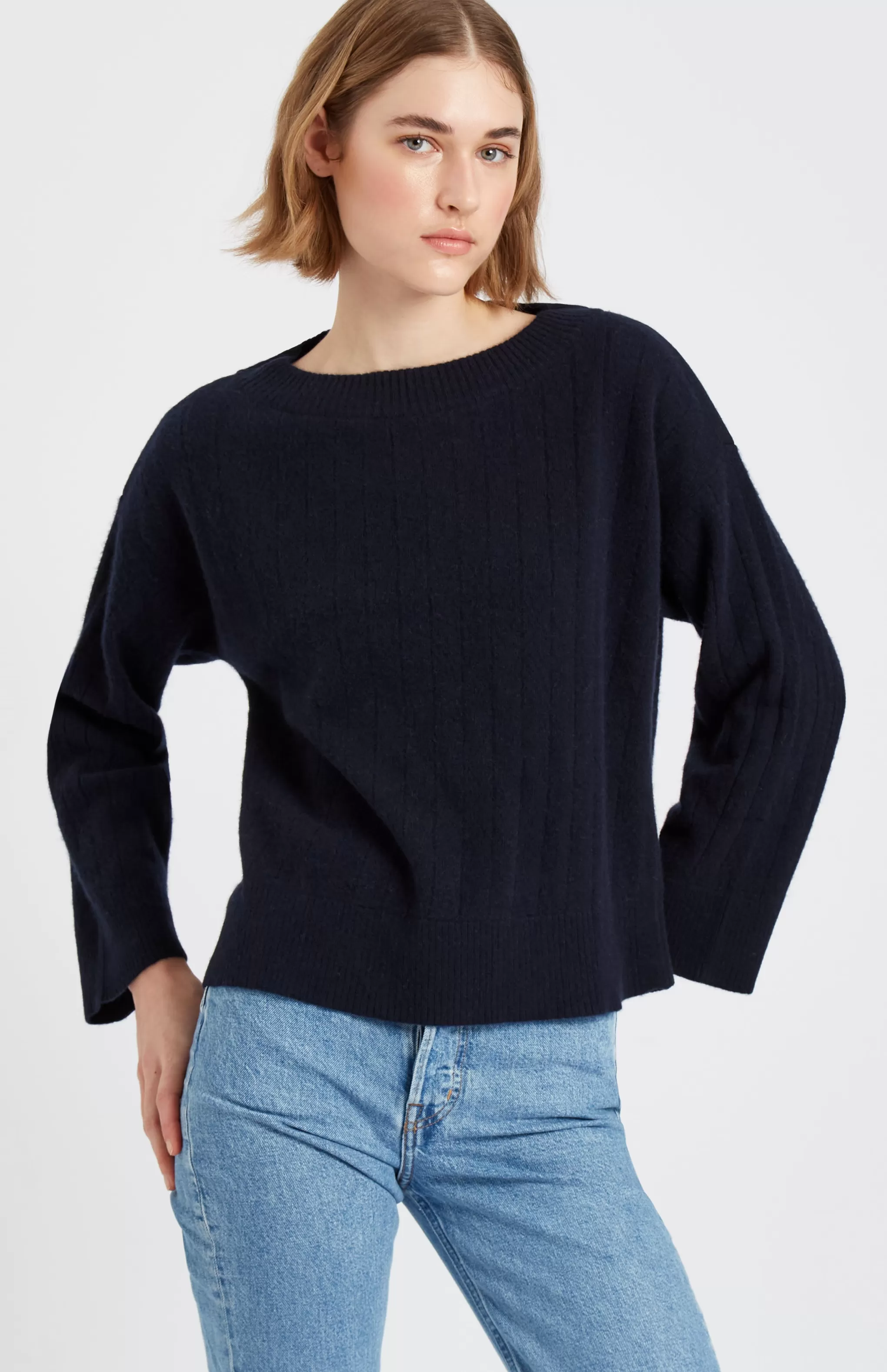 Hot Wool Cashmere Blend Wide Neck Rib Jumper In Indigo Men/Women Round Neck Knits