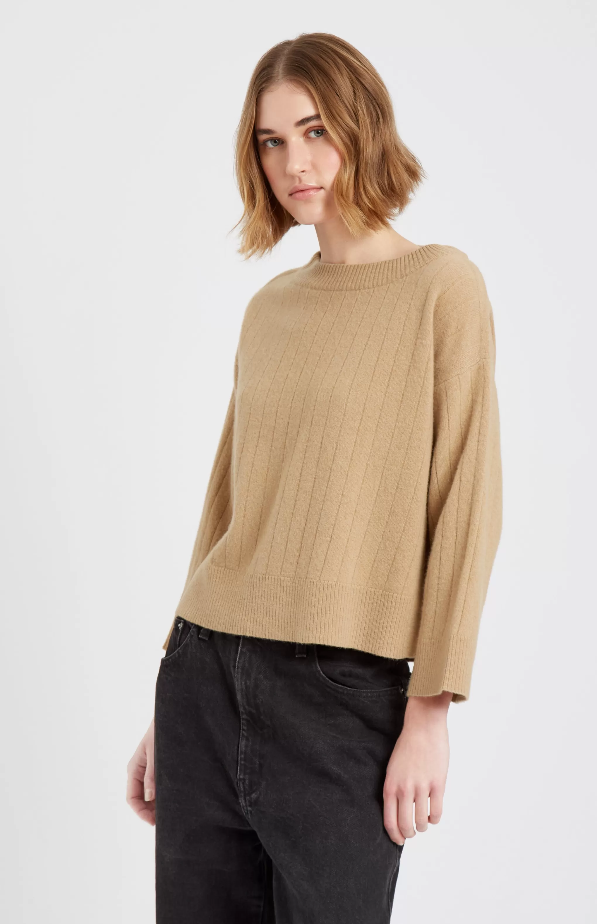 Flash Sale Wool Cashmere Blend Wide Neck Rib Jumper In Sand Men/Women Round Neck Knits