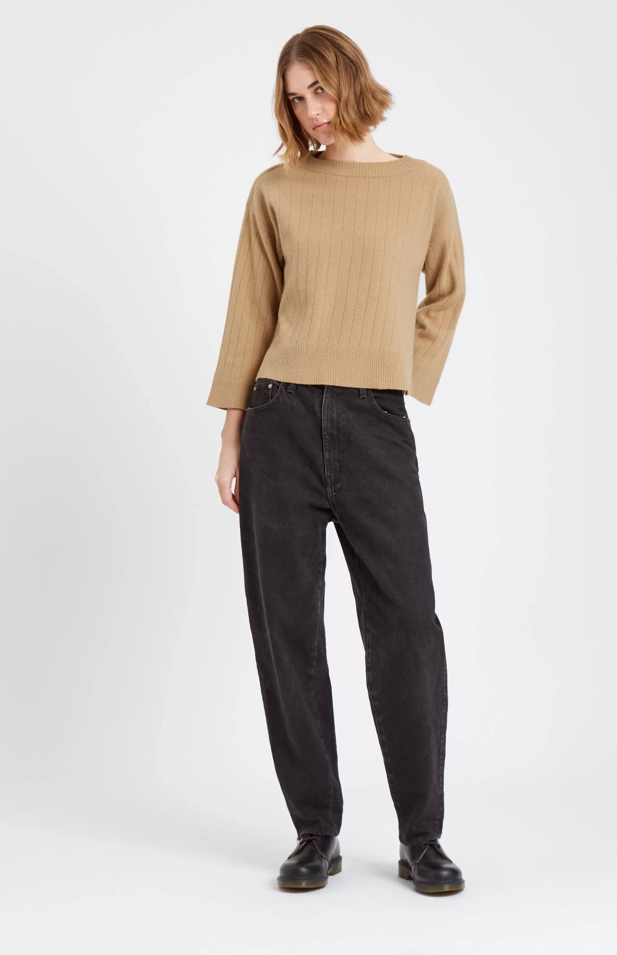 Sale Wool Cashmere Blend Wide Neck Rib Jumper In Sand Men/Women Loungewear