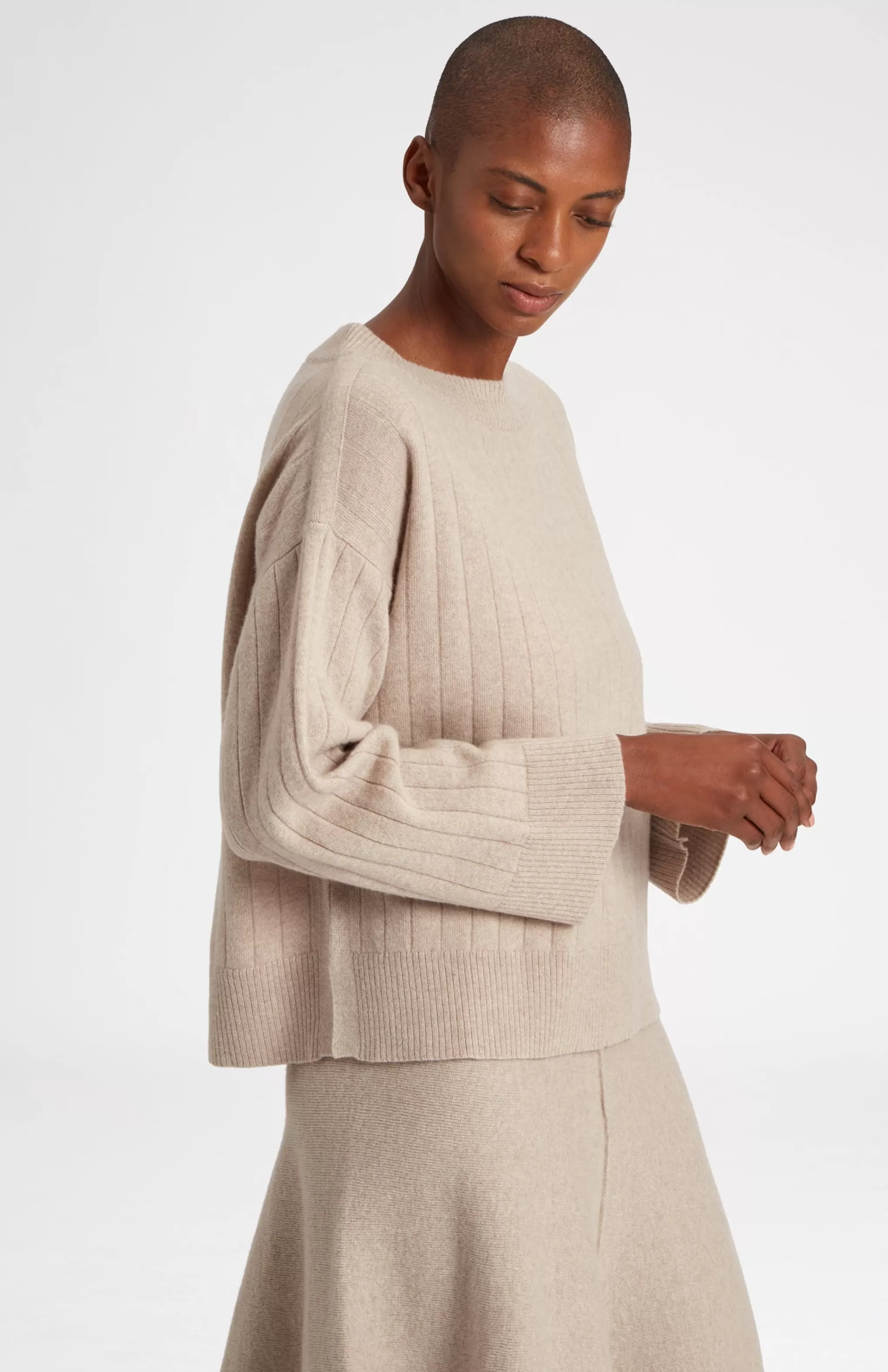 Store Wool Cashmere Blend Wide Neck Rib Jumper In Stone Melange Men/Women Round Neck Knits